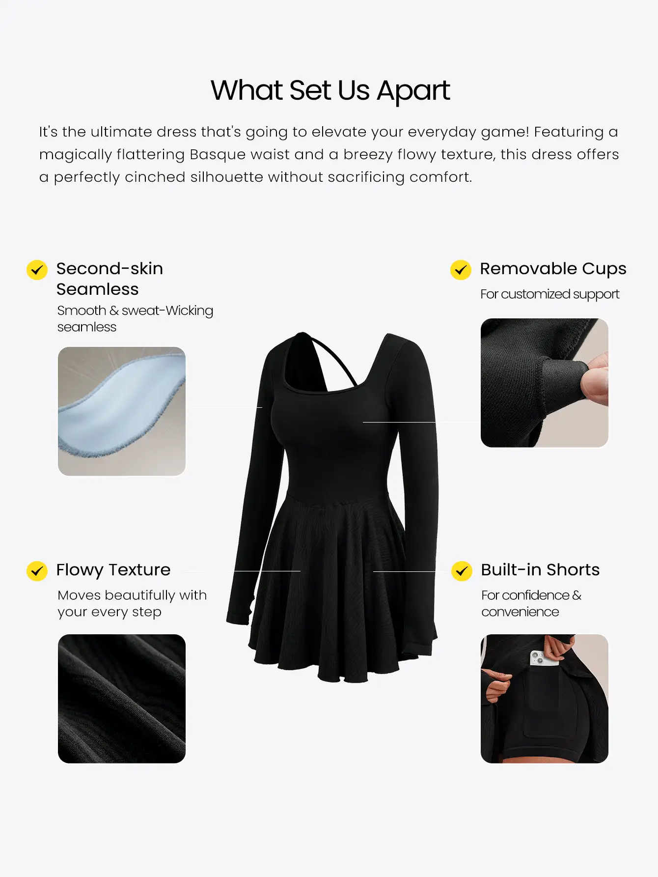 GLOWMODE Ultrafine Soft Seamless Square Neck Long Sleeve Crisscross Back Removable Cups Cinched Waist Dual Side Pockets Basque Waist A-Line Dress With Built-In - Black - View 2