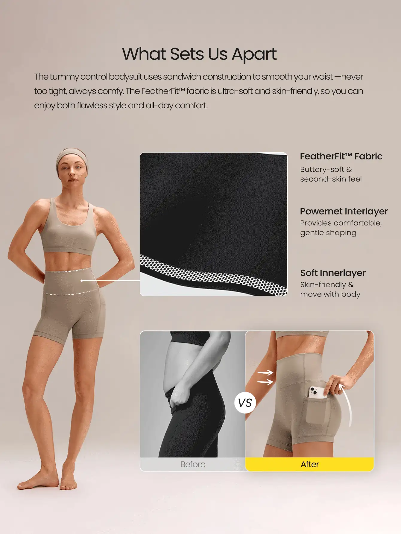 GLOWMODE 4.3" FeatherFit™ Anti-Slip Pocket Bike Shorts Non Front Seam Low Impact Cycling Running Gym Workout Summer - Khaki - View 2