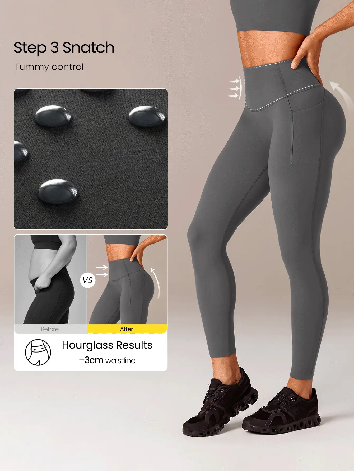 GLOWMODE Quần legging 24" Peakbum-Lift FeatherFit™-Sculpt nâng mông, kiểm soát bụng, có túi hai bên, cường độ trung bình, dùng cho tập luyện, chạy bộ, tập gym, fitness - Xám - Xem 5