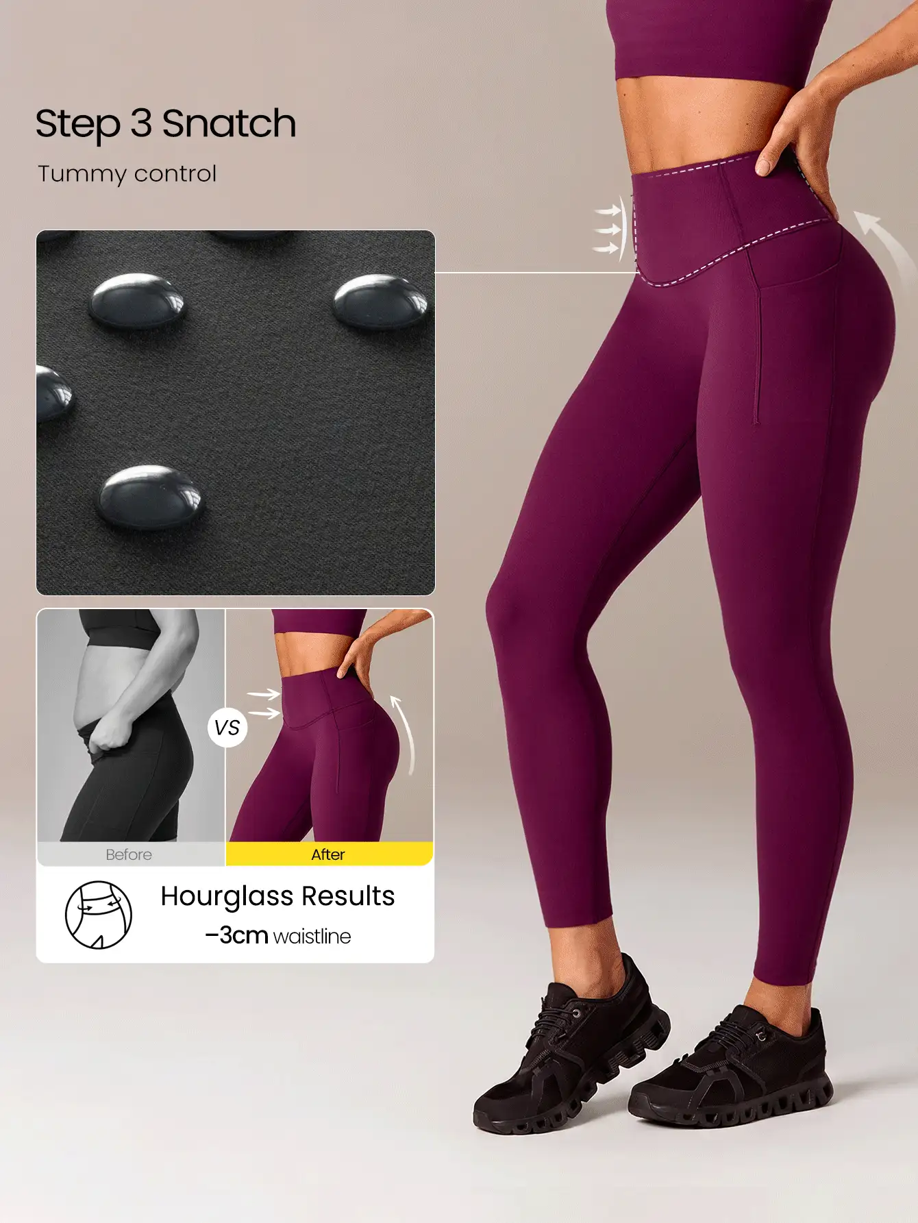 GLOWMODE 24" Peakbum-Lift FeatherFit™-Sculpt Butt-Lifting Tummy Control Side Pockets Leggings Medium Impact Training Running Workout Gym Fitness Wear - Bold Plum - View 5