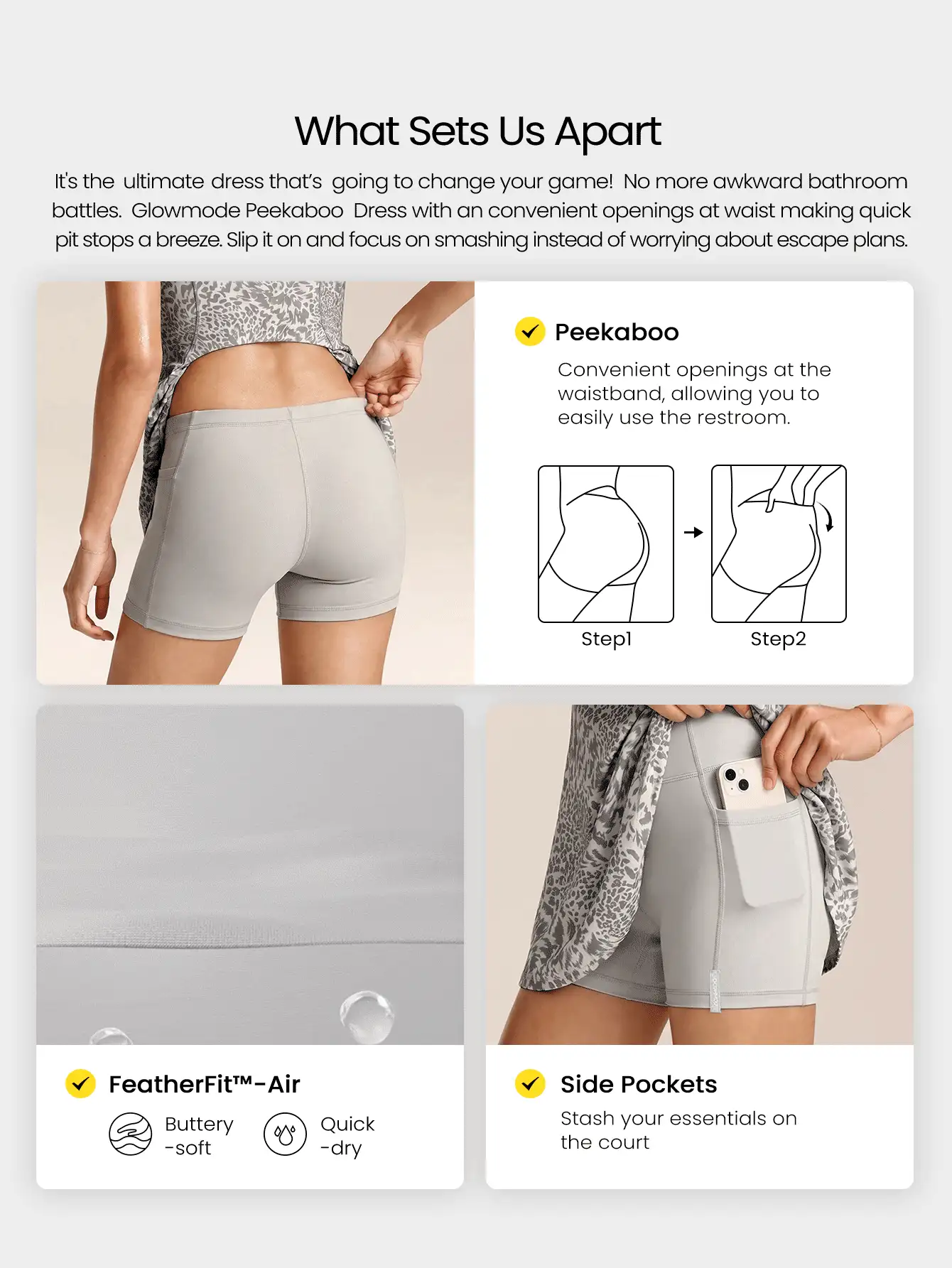 FeatherFit™-Air Elevate A-Line Built-In Peekaboo Short Pocket Mini Slip Dress Low Impact Daily Summer Quick Dry Moisture Wicking