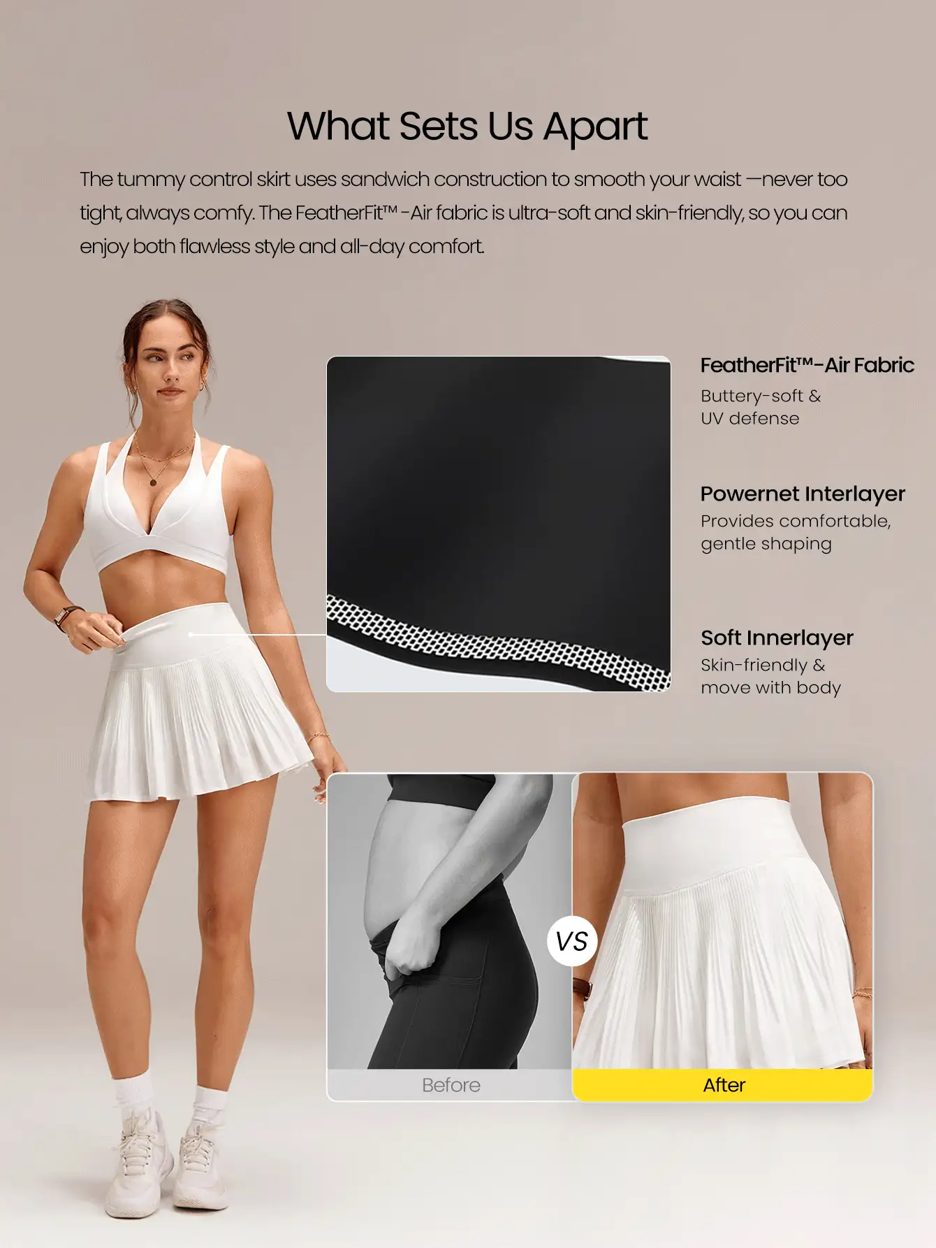 FeatherFit™-Air UPF 50+ Tummy Control Pleated Mini Skirt With Built-In Shorts Side Pockets Tennis Ball Pocket Tennis Golf Daily Casual Wear