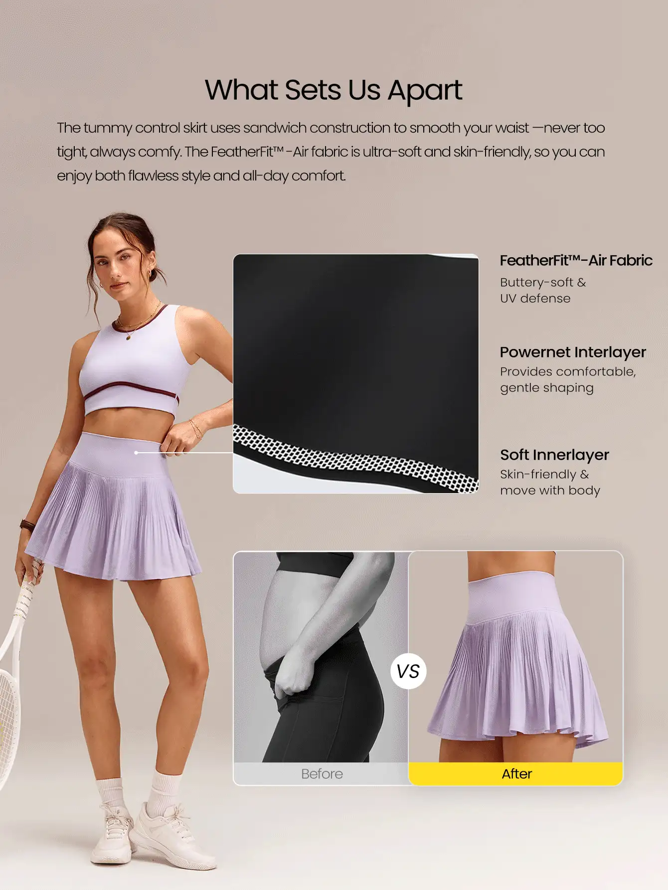 FeatherFit™-Air UPF 50+ Tummy Control Pleated Mini Skirt With Built-In Shorts Side Pockets Tennis Ball Pocket Tennis Golf Daily Casual Wear
