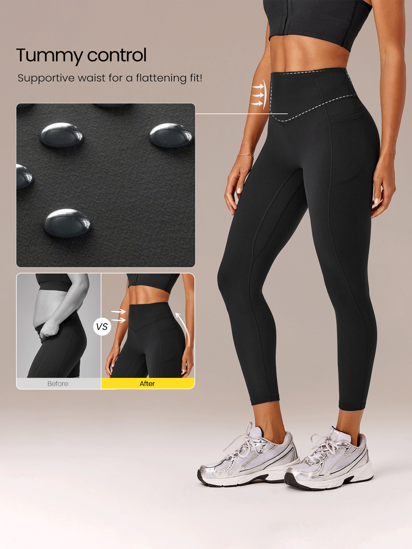 GLOWMODE Quần legging 24" FeatherFit™-Sculpt Glow Lift nâng mông, thu gọn bụng, có túi hai bên, cường độ trung bình, dùng tập luyện, chạy bộ, workout, gym, fitness - màu đen - Xem 3