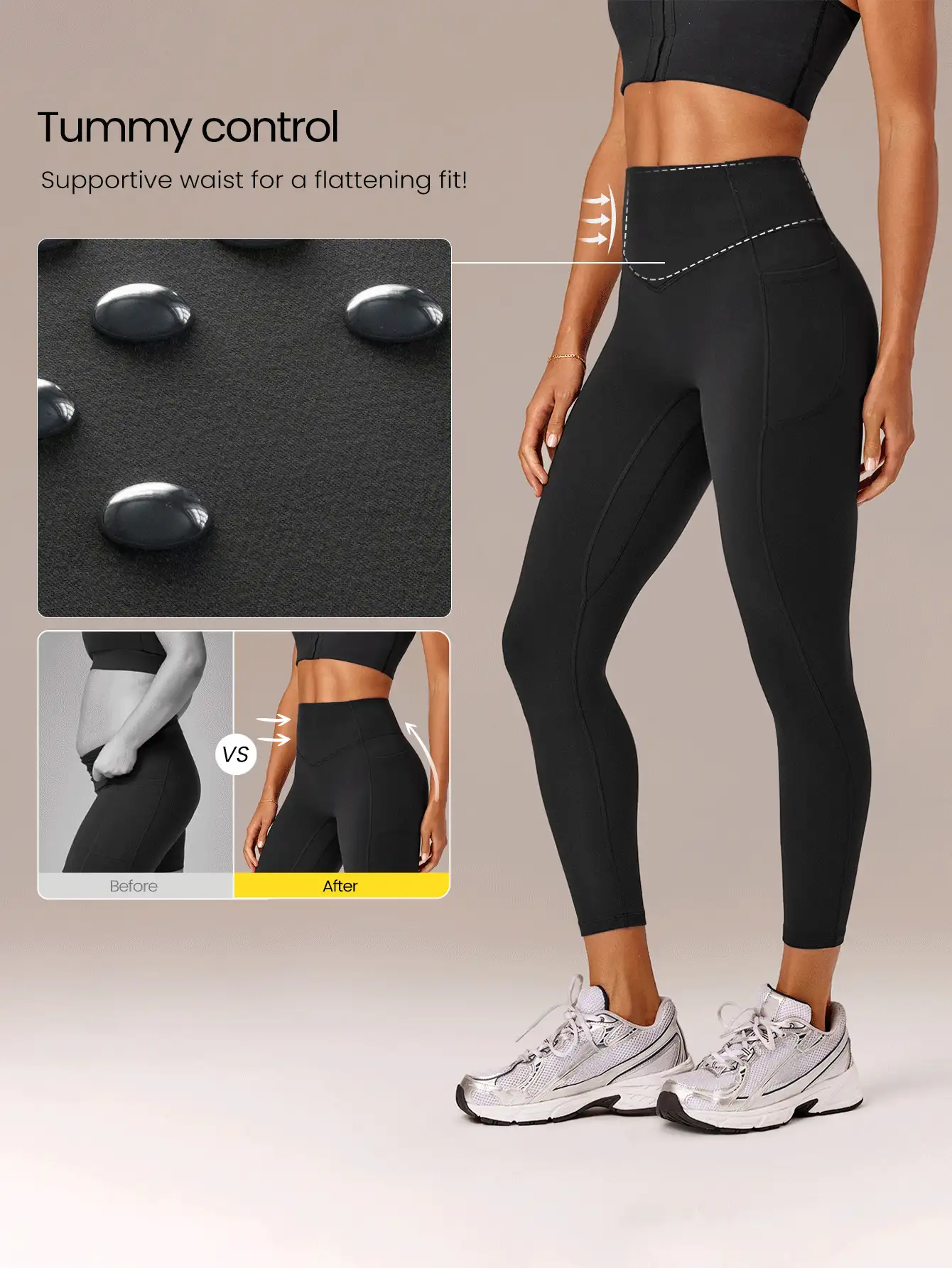 GLOWMODE 24" FeatherFit™-Sculpt Glow Lift Butt Scrunch Tummy Control Leggings With Side Pockets Medium Impact Training Running Workout Gym Fitness Wear - Black - View 3
