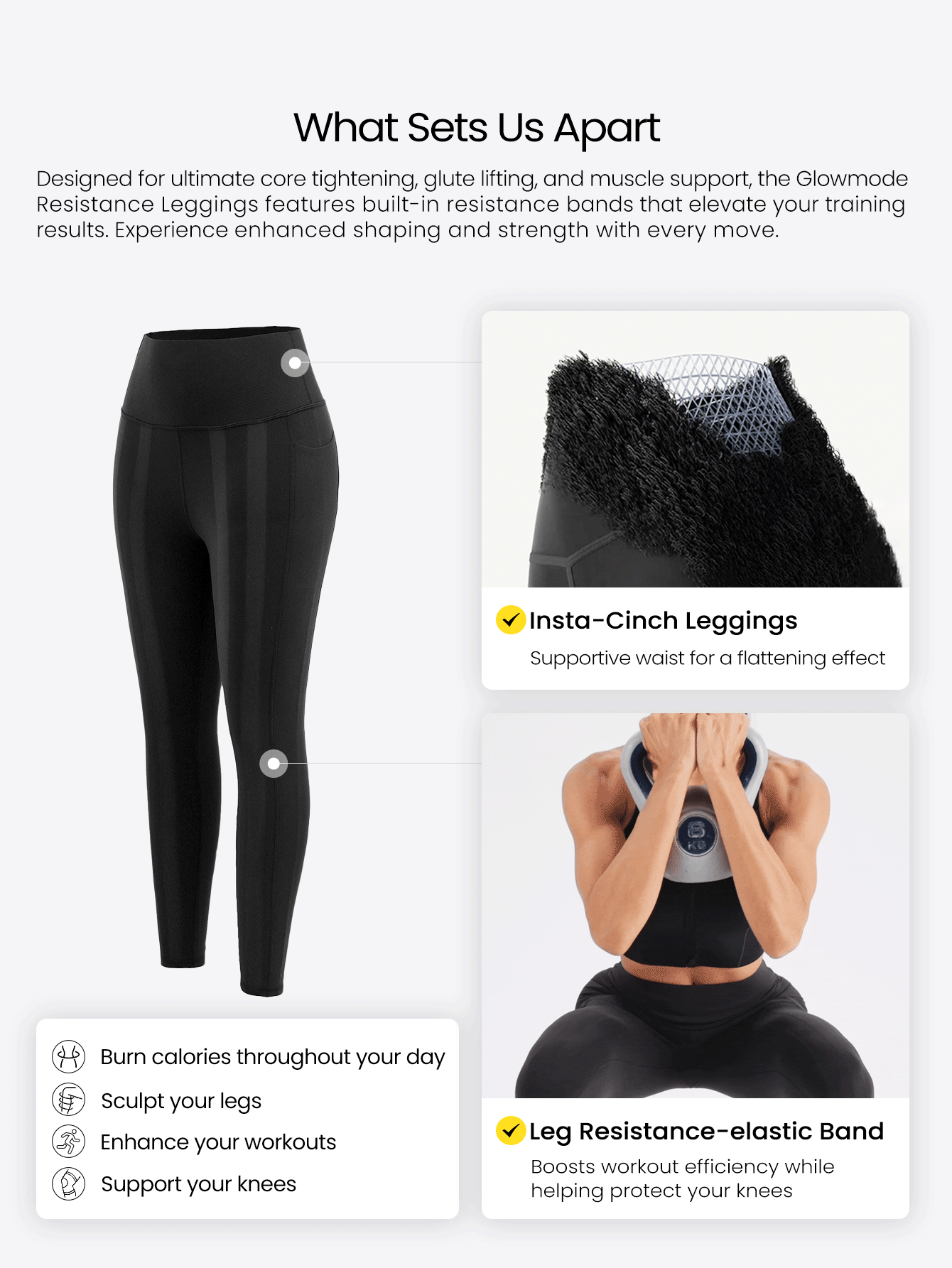 GLOWMODE 26" FeatherFit™-Sculpt InstaCinch Tummy Control Non-See Through Compressive Resistance Leggings With Side Pockets Training Workout Gym Fitness - Black - View 2