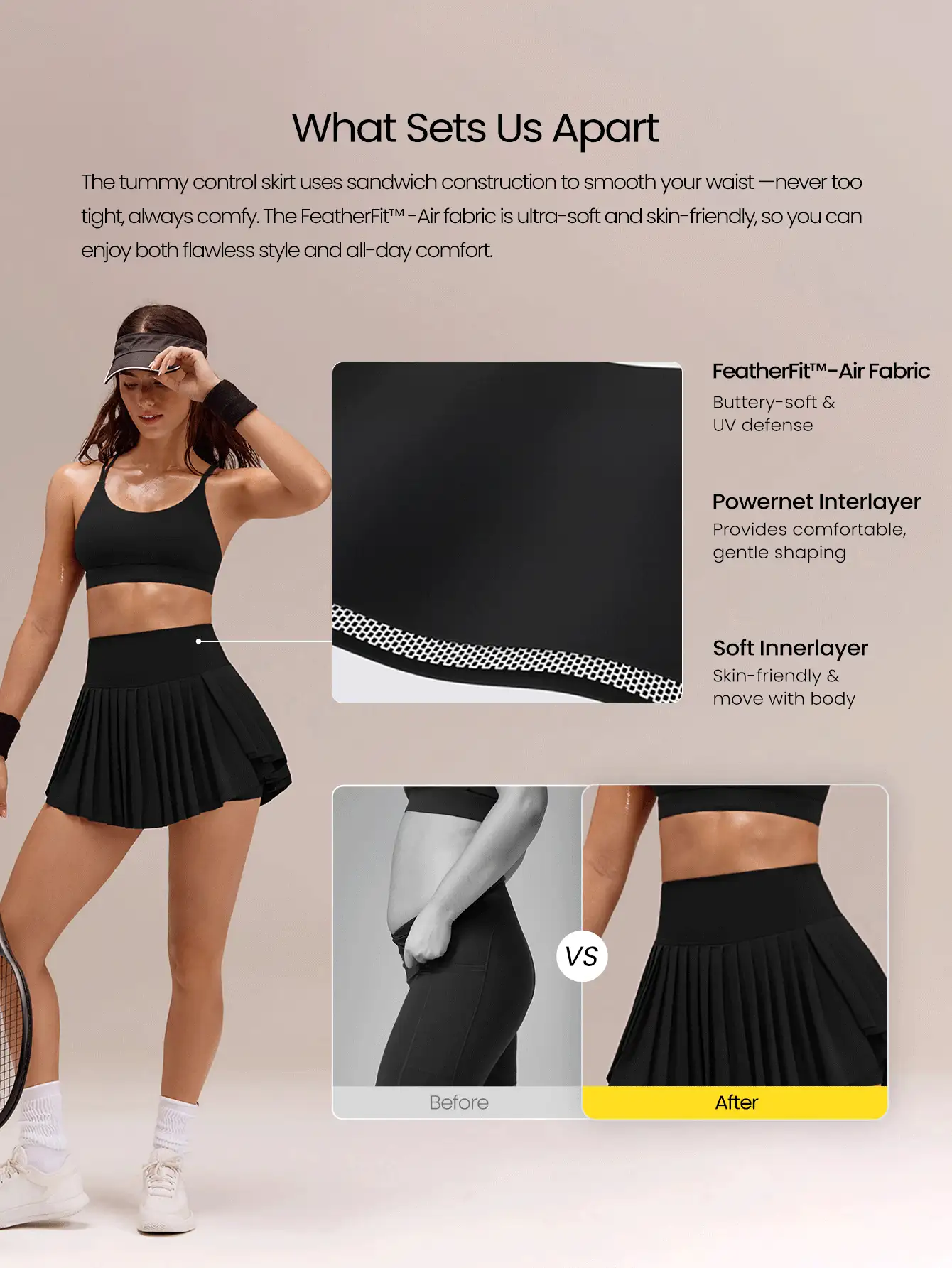 GLOWMODE Ace Flex Tummy Control Pleated Tennis Skirt With Built-In Shorts Side Pockets Tennis Golf Daily Spring  Spring Summer - Black - View 2