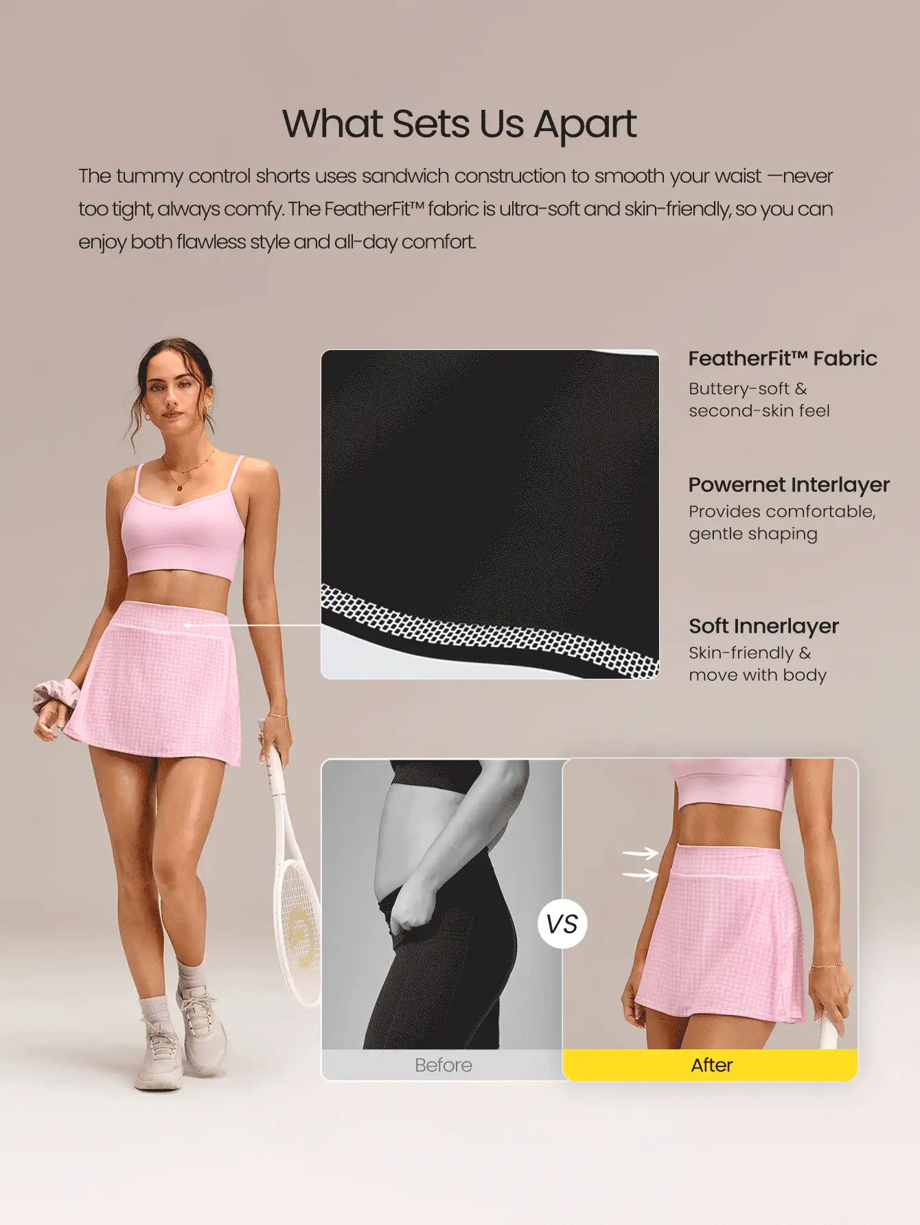 GLOWMODE Falda de entrenamiento de 4.5" cómoda y elástica con control de abdomen 360°, cintura ultra alta en forma de V, volantes en la cadera y pantalones cortos integrados, para tenis, golf y uso diario, secado rápido, primavera y verano - Rosa - Ver 2