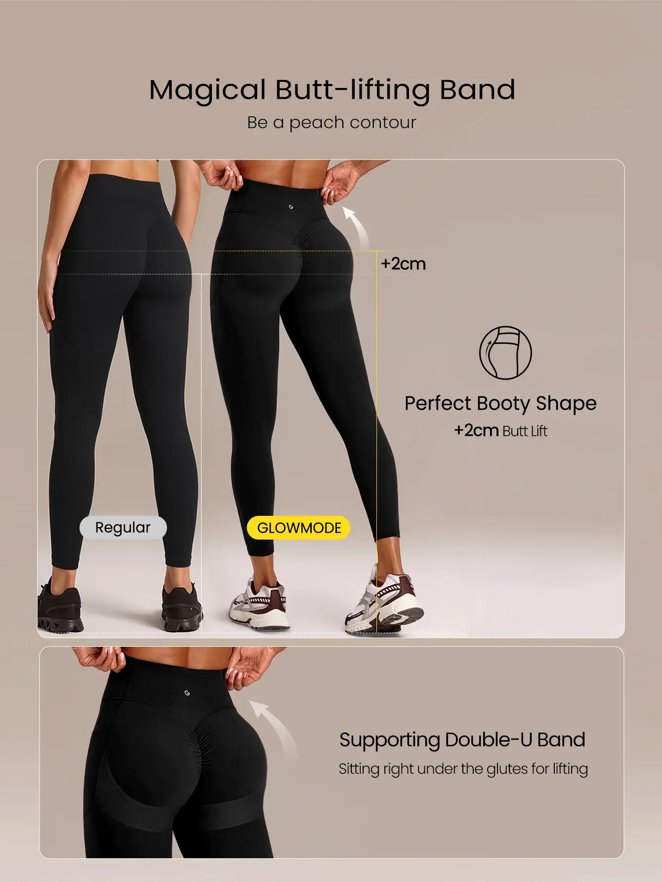 GLOWMODE 24" FeatherFit™-Sculpt Glow Lift Butt Scrunch Tummy Control Leggings With Side Pockets Medium Impact Training Running Workout Gym Fitness Wear - Black - View 4