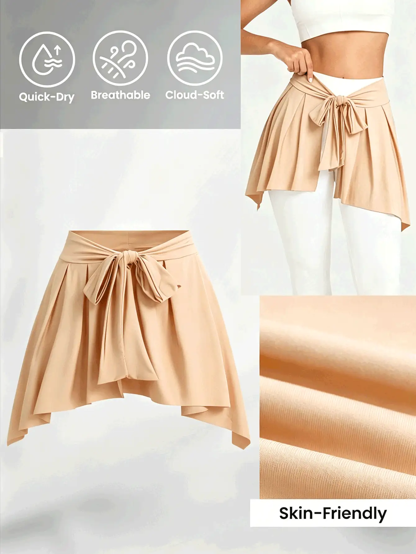 Menodora SHEIN Sport Menodora SHEIN Sport 女款素色極簡主義繫帶運動裙外罩裙 - 卡其色 - 查看 7