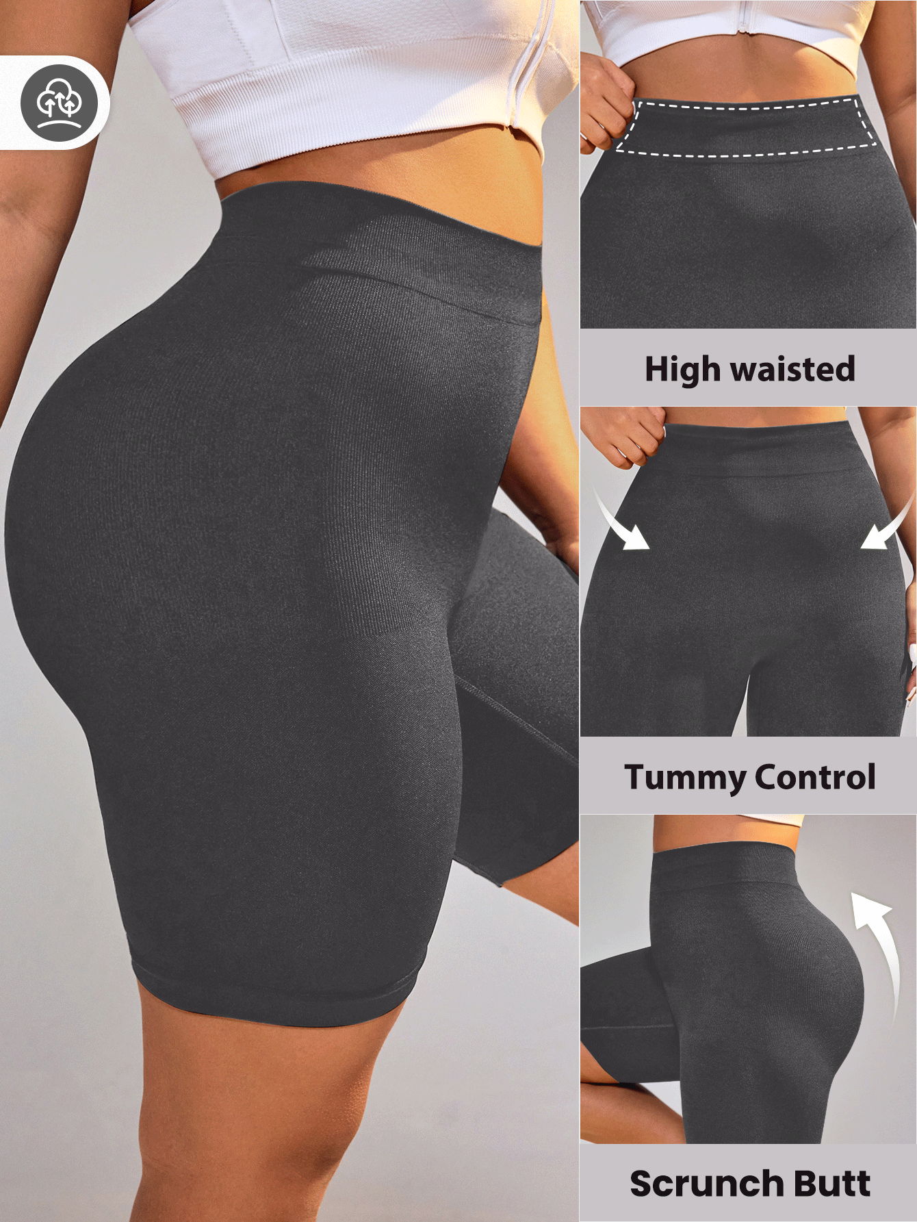 Rhythm Era Shorts deportivos de cintura alta con control de abdomen de unicolor casual para mujer talla grande - Gris Oscuro - Añade 2