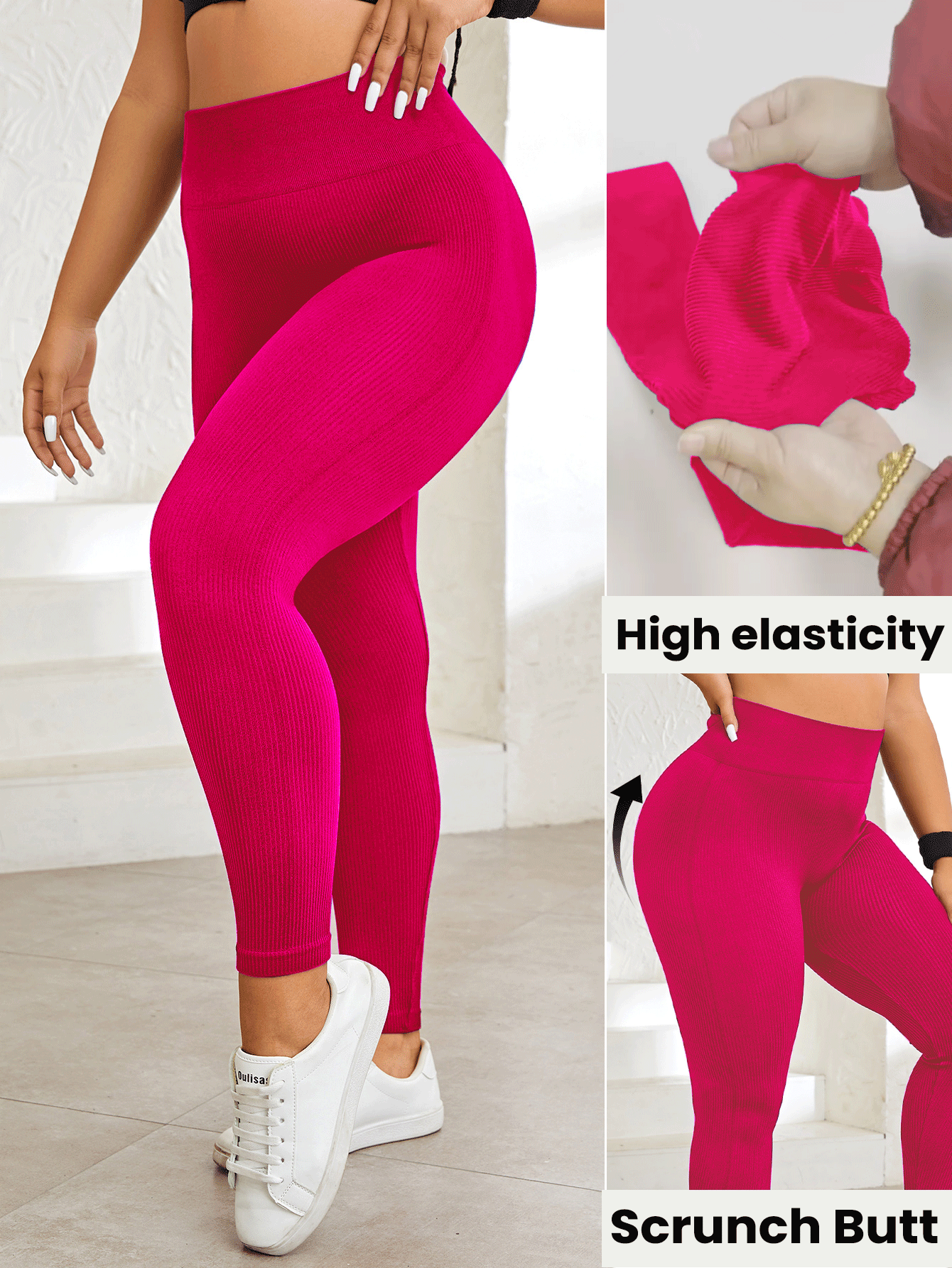 Gameset SHEIN Sport Solid Color High Waist Seamless Plus Size Sports Leggings - Hot Pink - View 2