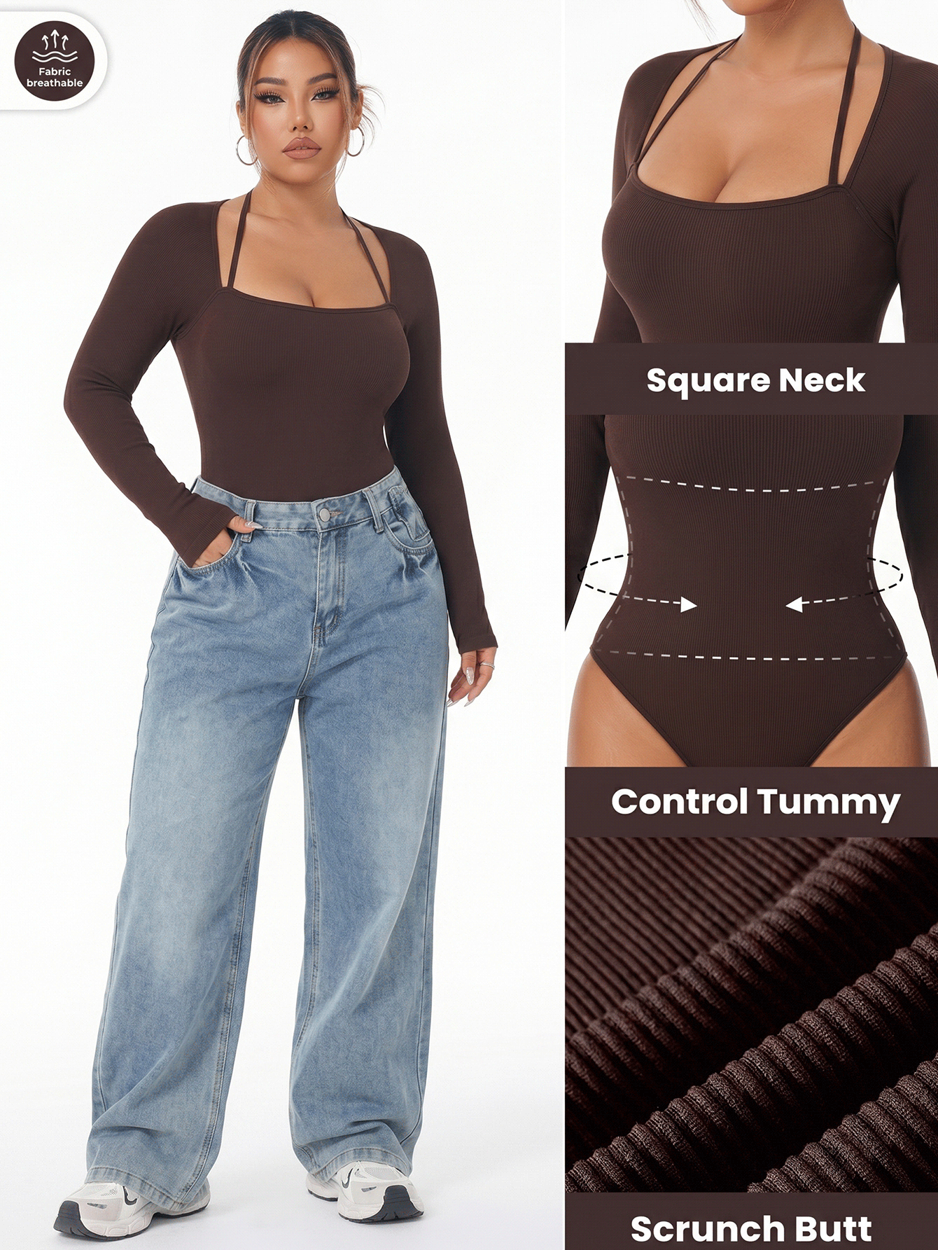 SHEIN Rhythm Era Women's Plus Size Solid Color Fitted Versatile Daily Wear Sports Jumpsuit Winter - Brown - View 2