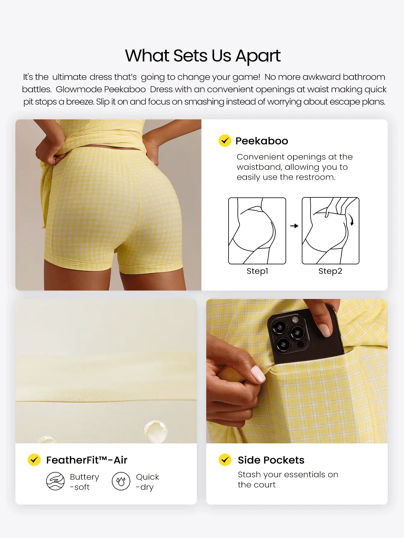 GLOWMODE FeatherFit™-Air Elevate A-Line Built-In Peekaboo Short Pocket Mini Slip Dress Low Impact Daily Summer Quick Dry Moisture Wicking - French Vanilla - View 2