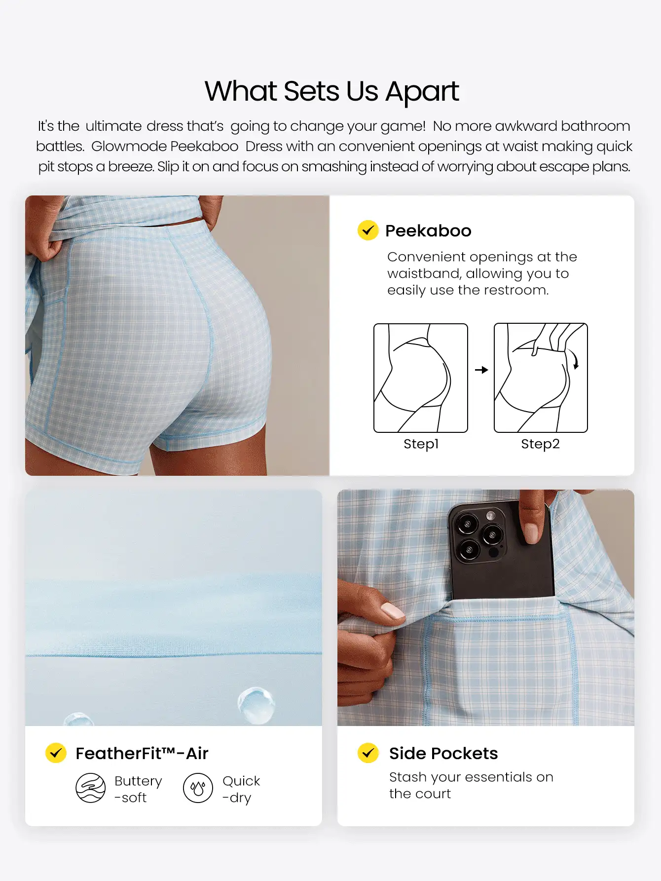 GLOWMODE FeatherFit™-Air Elevate A-Line Built-In Peekaboo Short Pocket Mini Slip Dress Low Impact Daily Quick Dry Moisture Wicking - Baby Blue - View 2