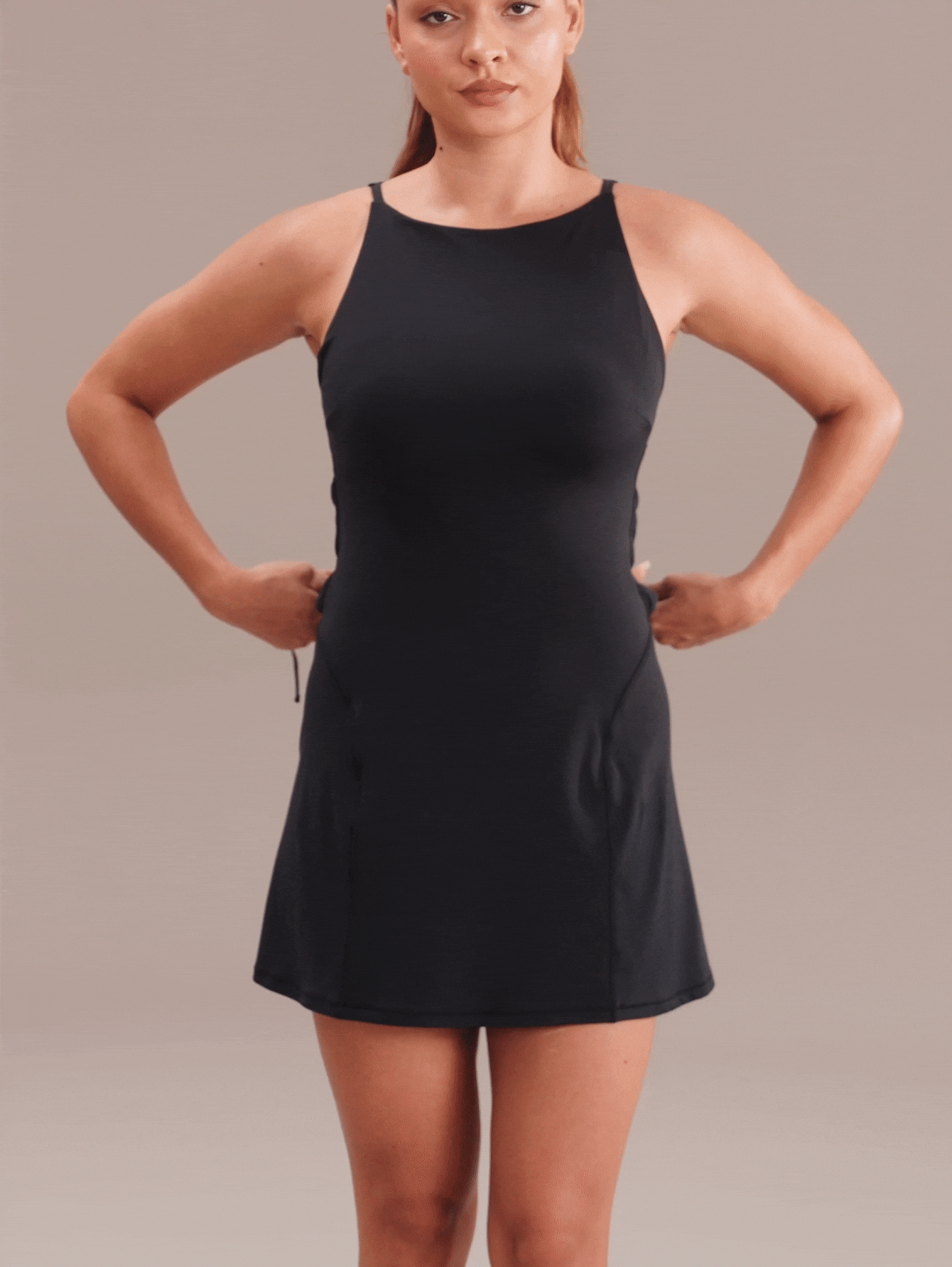 GLOWMODE Sporty Knit Sunshine Ready Pockets Back Drawstring Waist Boatneck Strapless Tennis Dress With Anti-Slip Built-In Shorts Tennis Golf Pickleball - Brown - View 2