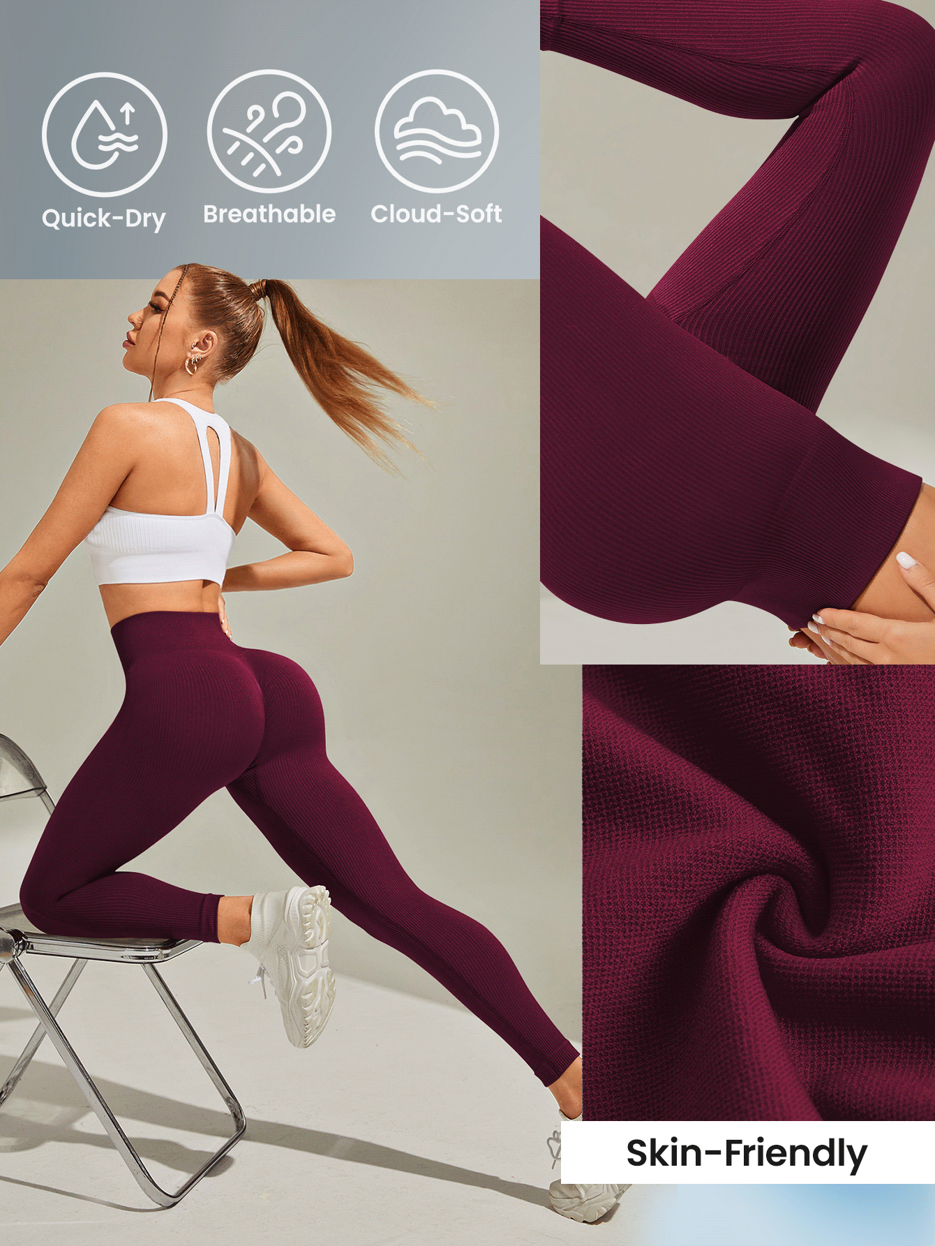 Easithlete Easithlete Leggings deportivos sin costuras de cintura alta de unicolor - Rojo cereza - Añade 7