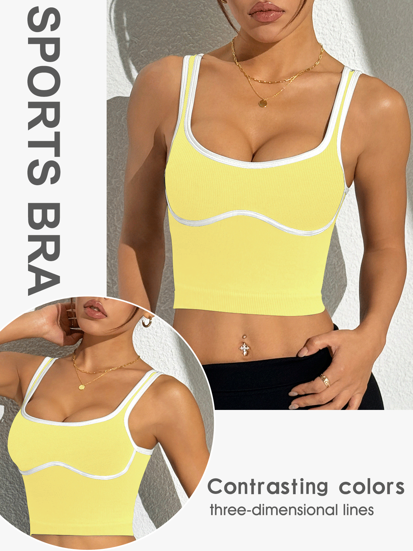 Slayform Slayform Women's Piped Trim Daily Fitness Cropped Sports Tank Top - Light Yellow - View 2