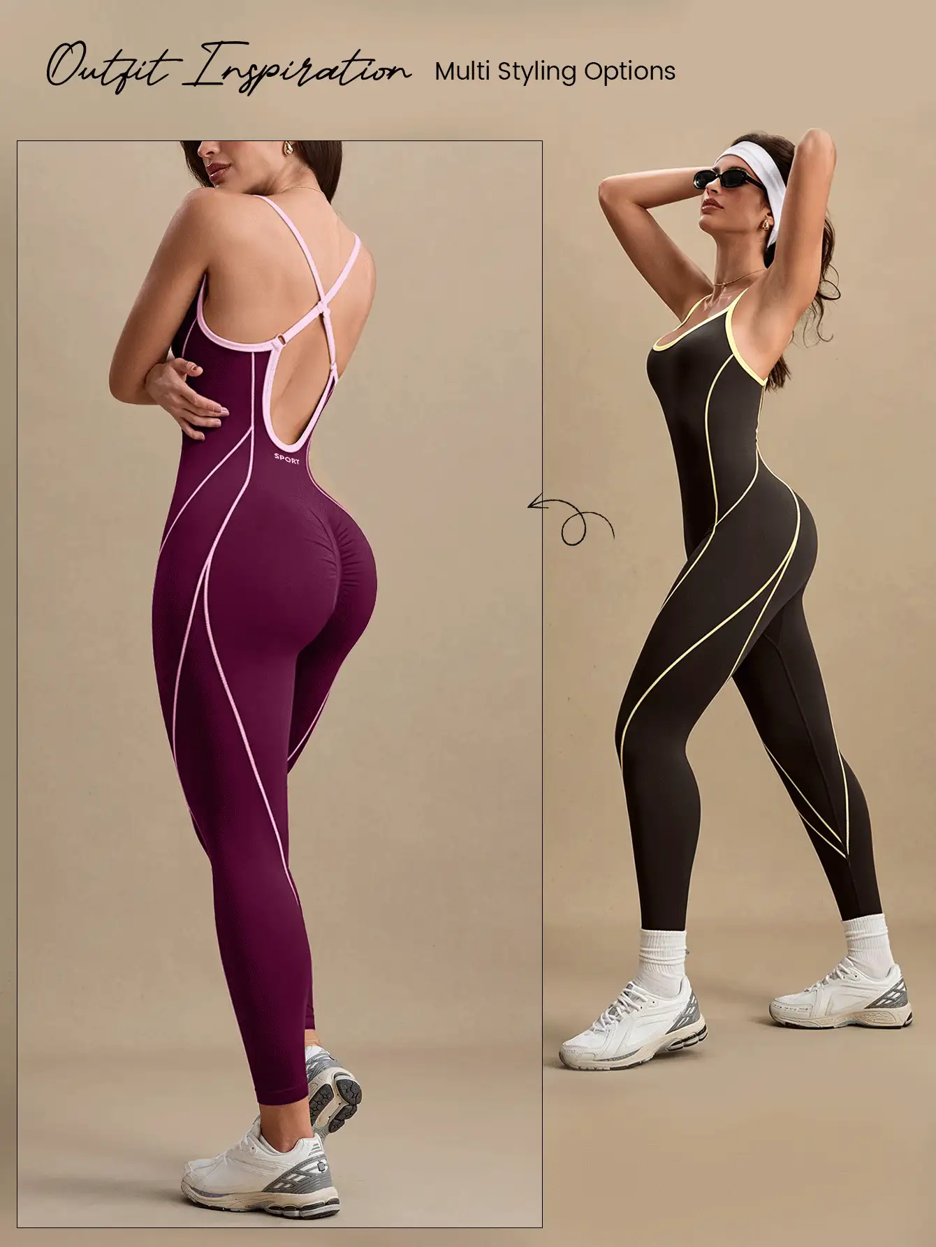 SHEIN Velisys 2件組露背運動瑜伽工作室配色拼接無縫連身衣 - 彩色 - 查看 6