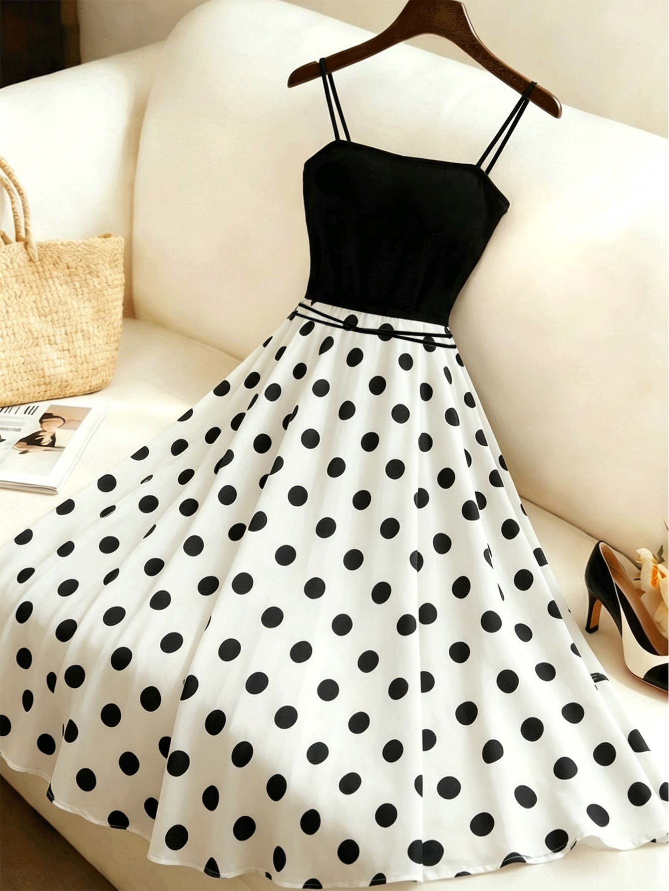 Franclia Plus Size Fashion Polka Dot Print Colorblock Spaghetti Strap Dress For Vacation - Multicolor - View 5