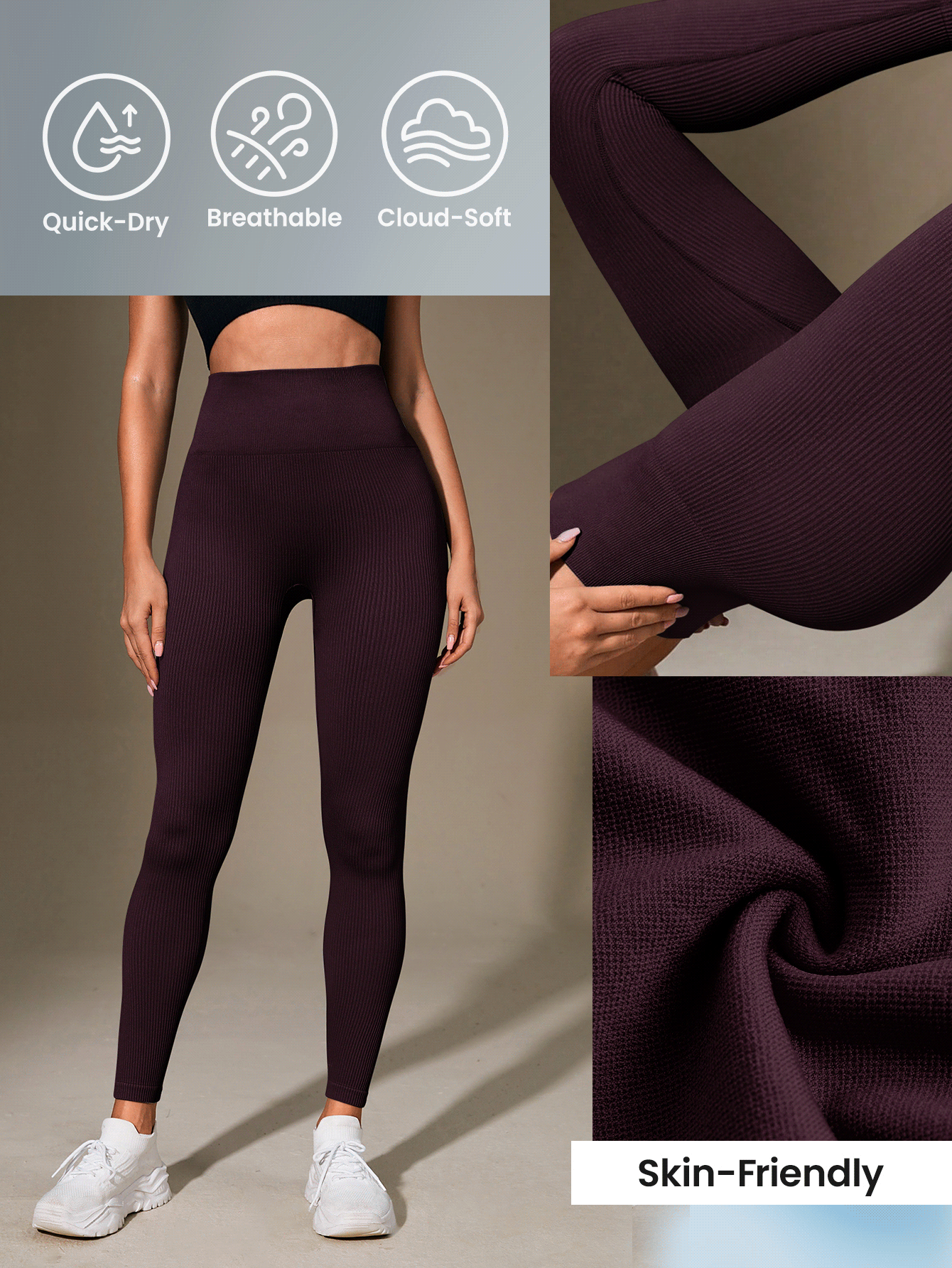 Slayform Slayform 1pc/Regular Long Pants/Ribbed/Basic Style/Brown Purple+Sports Long Pants+Fitness/Yoga - Bold Plum - View 8