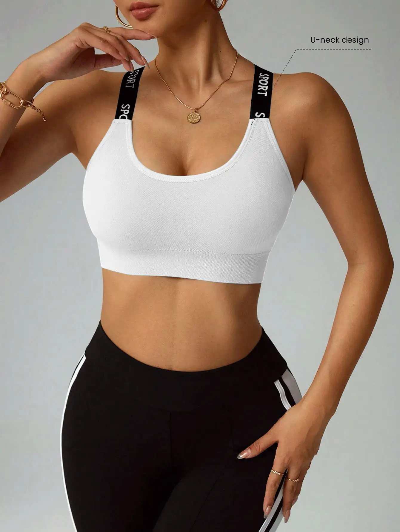 SHEIN Sports 女款字母印花撞色休閒日常運動內衣 - 白色 - 查看 4