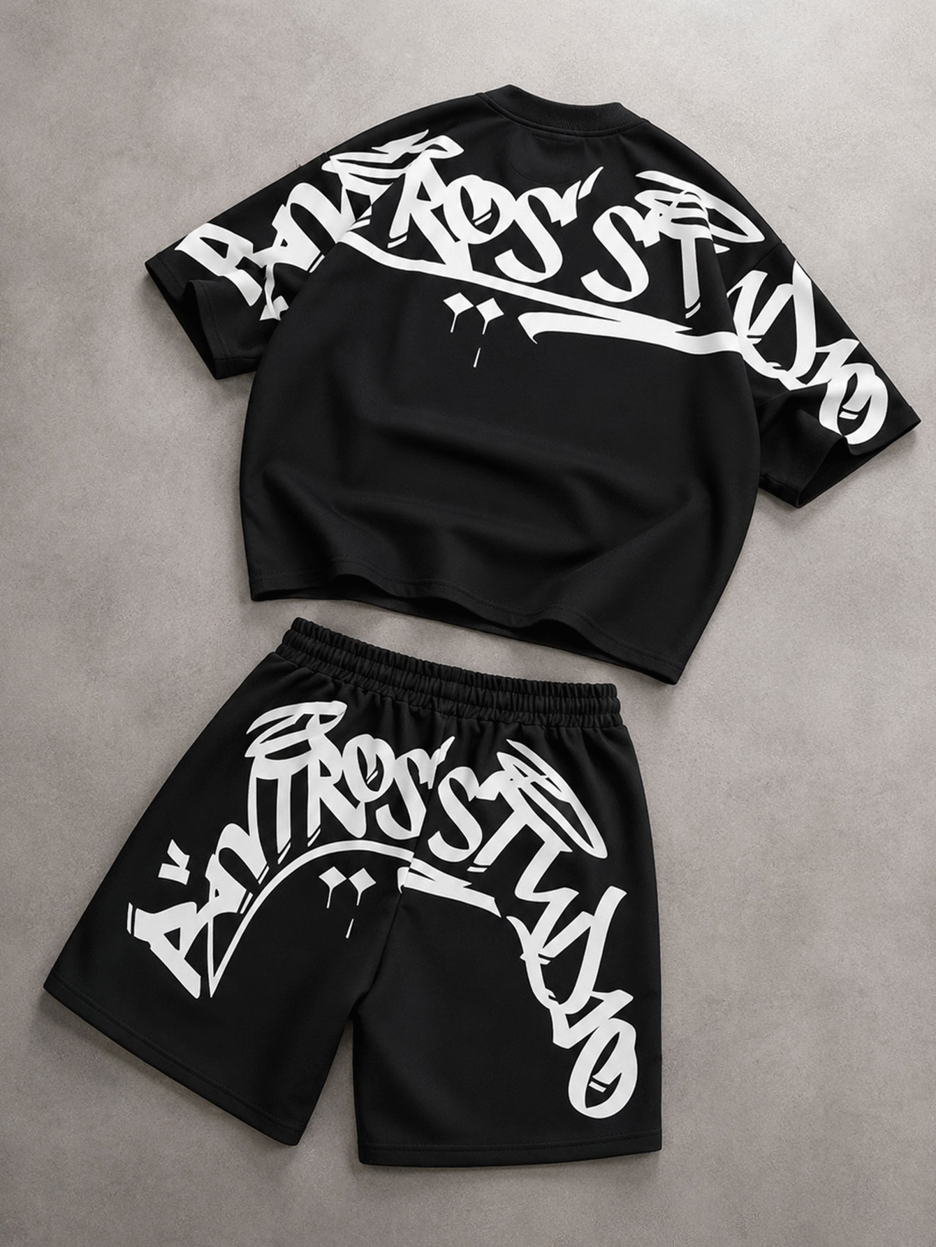 PAVTROS Men's Street Graffiti Oversized Short Sleeve T-Shirt And Shorts 2-Piece Set, Cropped Loose Fit, American Street Hip-Hop Style, Vintage Street, Personalized, Street Dance, Skateboard, Rap, Graffiti, Subculture, Loose, Unisex, Holiday Gift, Couple Outfit - Black - View 5