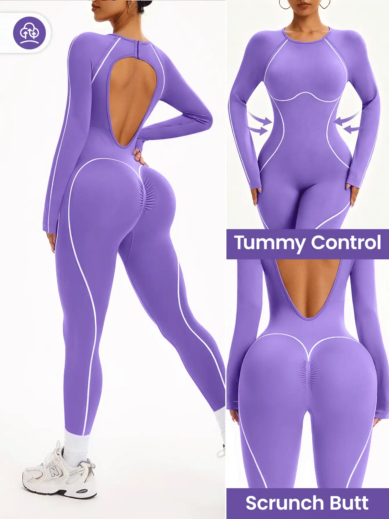 Easithlete Easithlete Women's White & Purple Colorblock Seamless Long Sleeve Yoga Jumpsuit - Purple - View 10