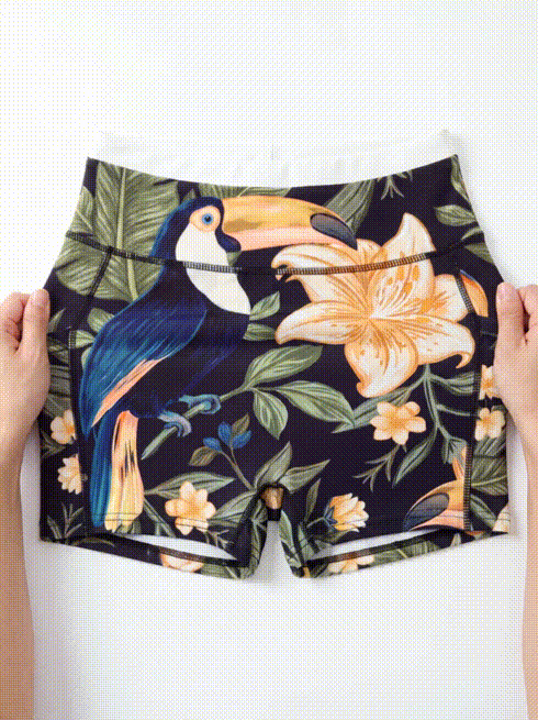 CAJUNI 休閒運動短褲附口袋-熱帶大嘴鳥印花-健身運動服 - 彩色 - 查看 6