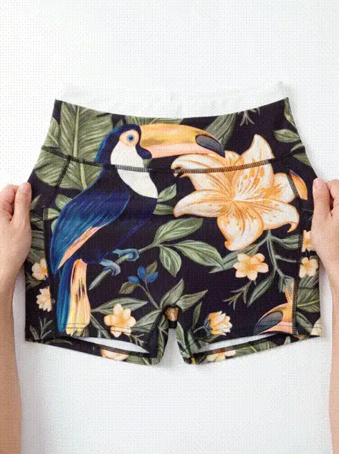 CAJUNI Casual Athletic Shorts With Pocket – Tropical Toucan Print – Gym Wear - Multicolor - View 6