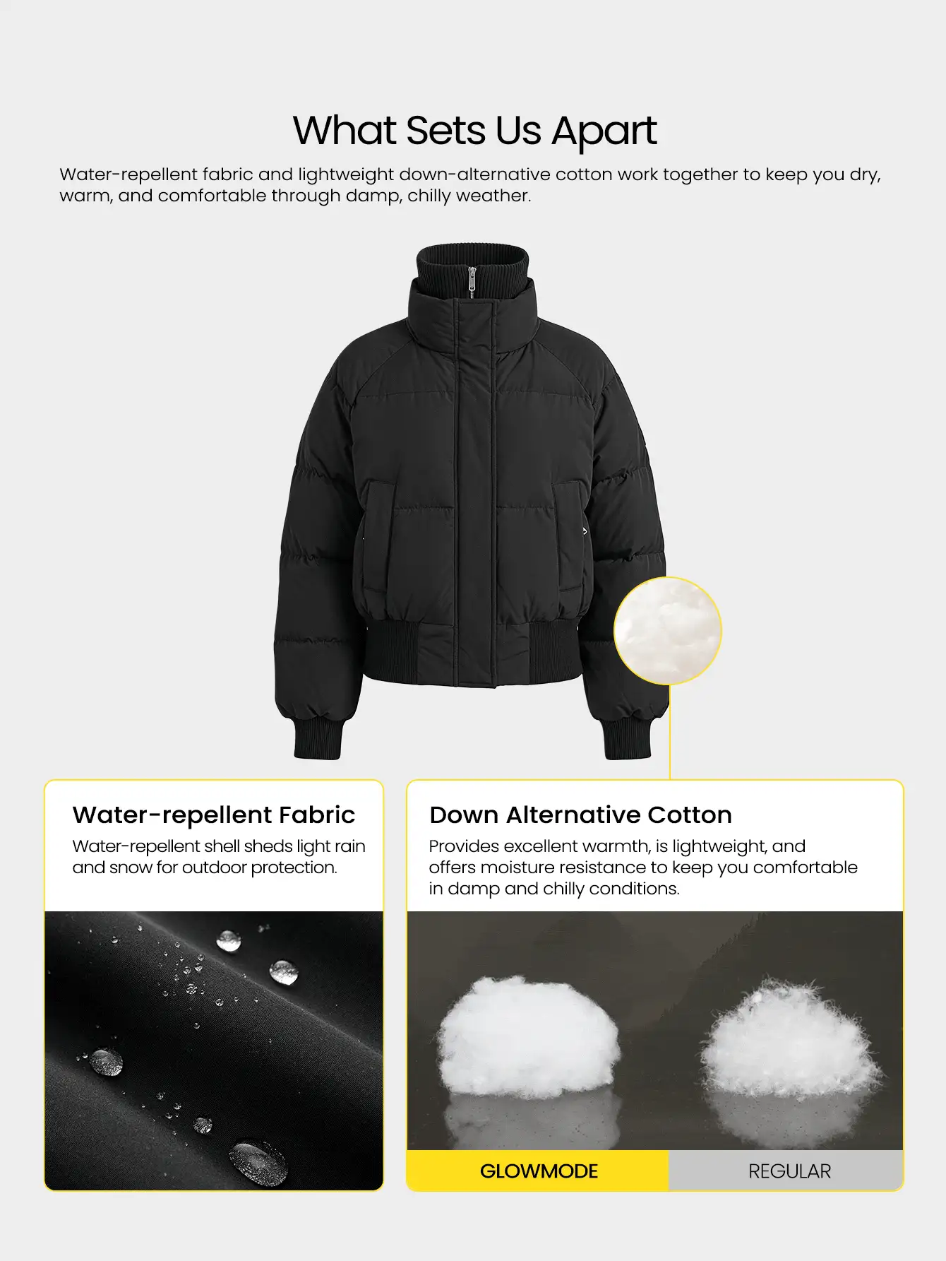 GLOWMODE Soft Matte Chase The Glow Water Repellent Relaxed Fit Bomber Jacket With Knit Collar, Ribbed Cuffs & Metallic Zipper Daily Casual Fall Winter Wear - Black - View 2