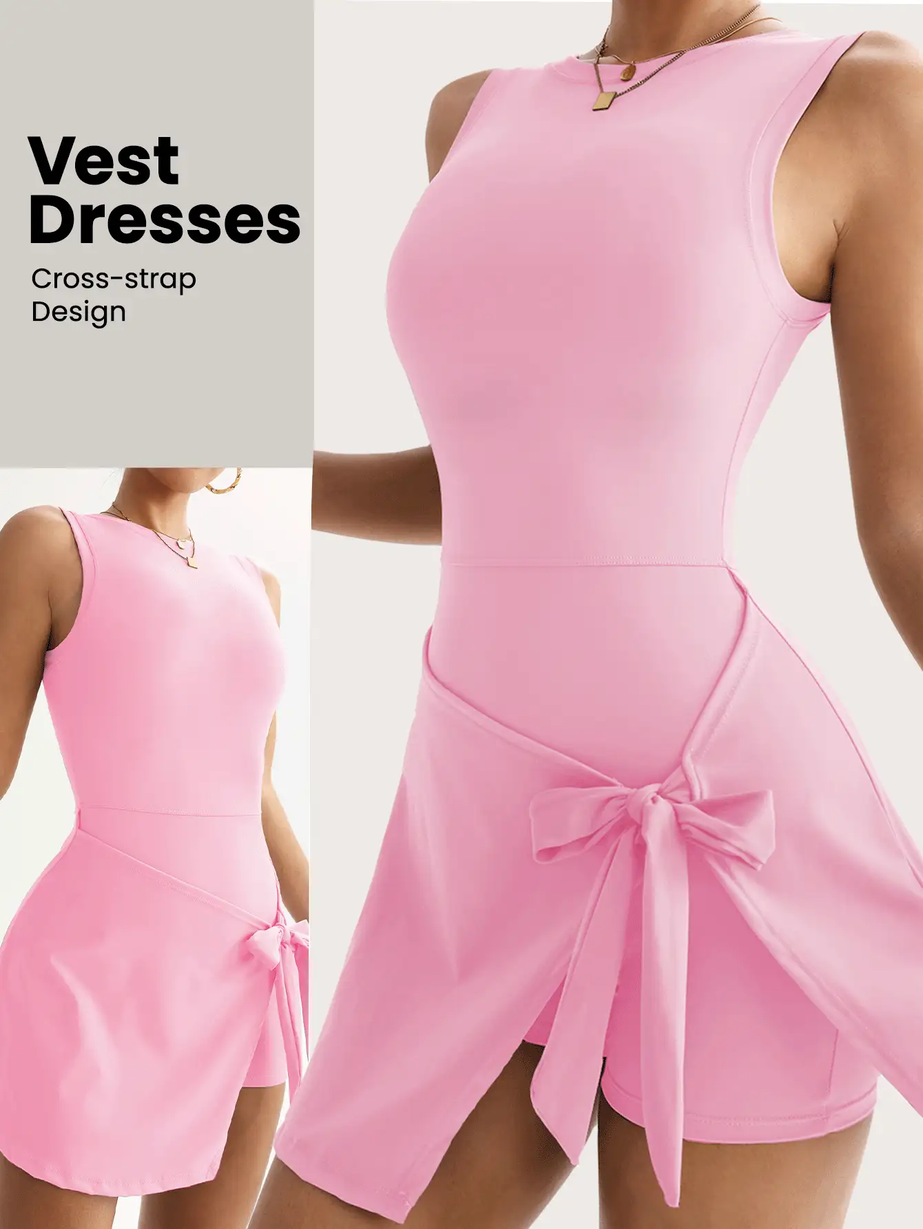 FWH The 2 In 1 Anti-Exposure Casual Elegant Golf Tennis Skirt, Sleeveless Everyday Basic New Stylish Waist-Tie Advanced Slimming Sexy Figure-Flattering College-Style Beautiful Back Tight-Fitting Sports Fitness Tie-Waist Yoga Dress - Pink - View 2