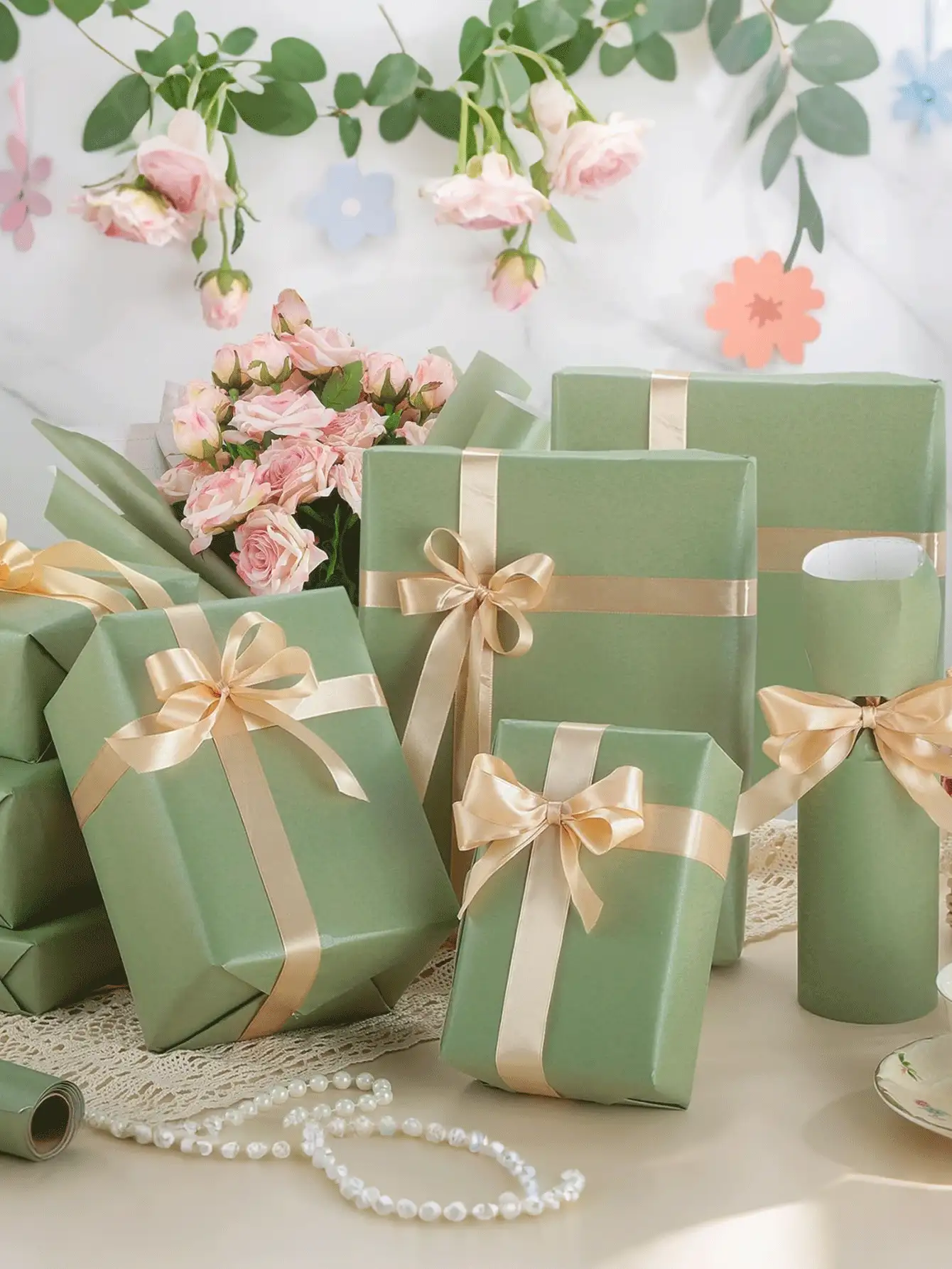 1卷鼠尾草绿包装纸，哑光金属质感包装纸，纯色包装纸，礼品包装纸，适用于婚礼、情人节、生日、圣诞节、DIY花束、金属圣诞礼品包装纸、DIY圣诞装饰纸，纯色图案，哑光表面