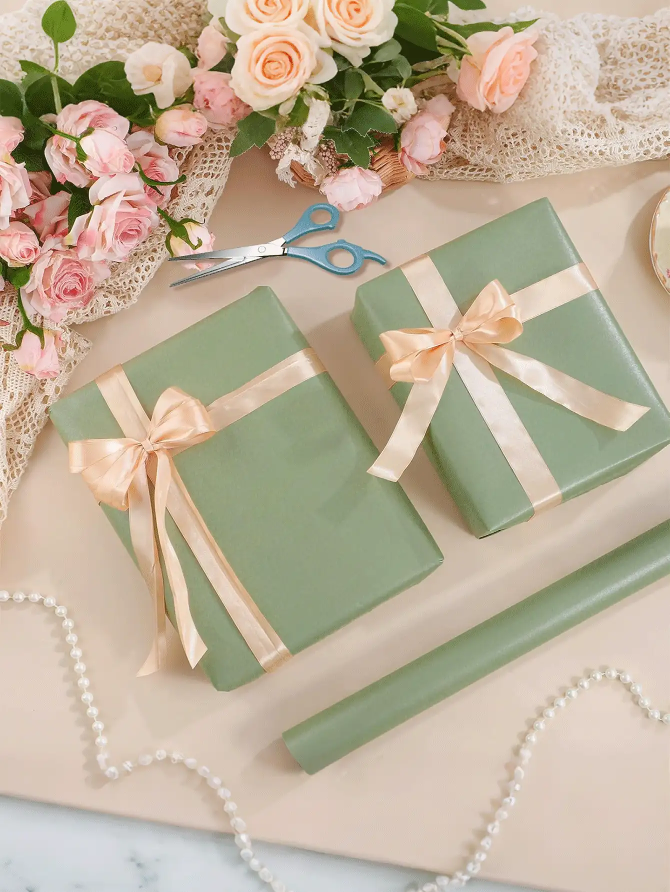 1卷鼠尾草绿包装纸，哑光金属质感包装纸，纯色包装纸，礼品包装纸，适用于婚礼、情人节、生日、圣诞节、DIY花束、金属圣诞礼品包装纸、DIY圣诞装饰纸，纯色图案，哑光表面