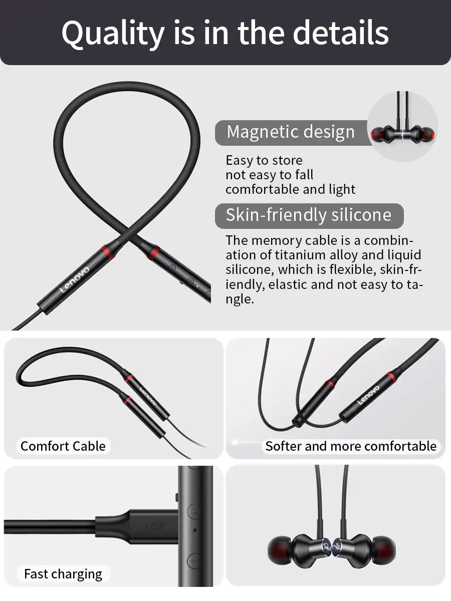 Lenovo 1pc Waterproof Bluetooth Earphones, HIFI Sound Quality, Magnetic Neckband Sports Earbuds - Black - View 7