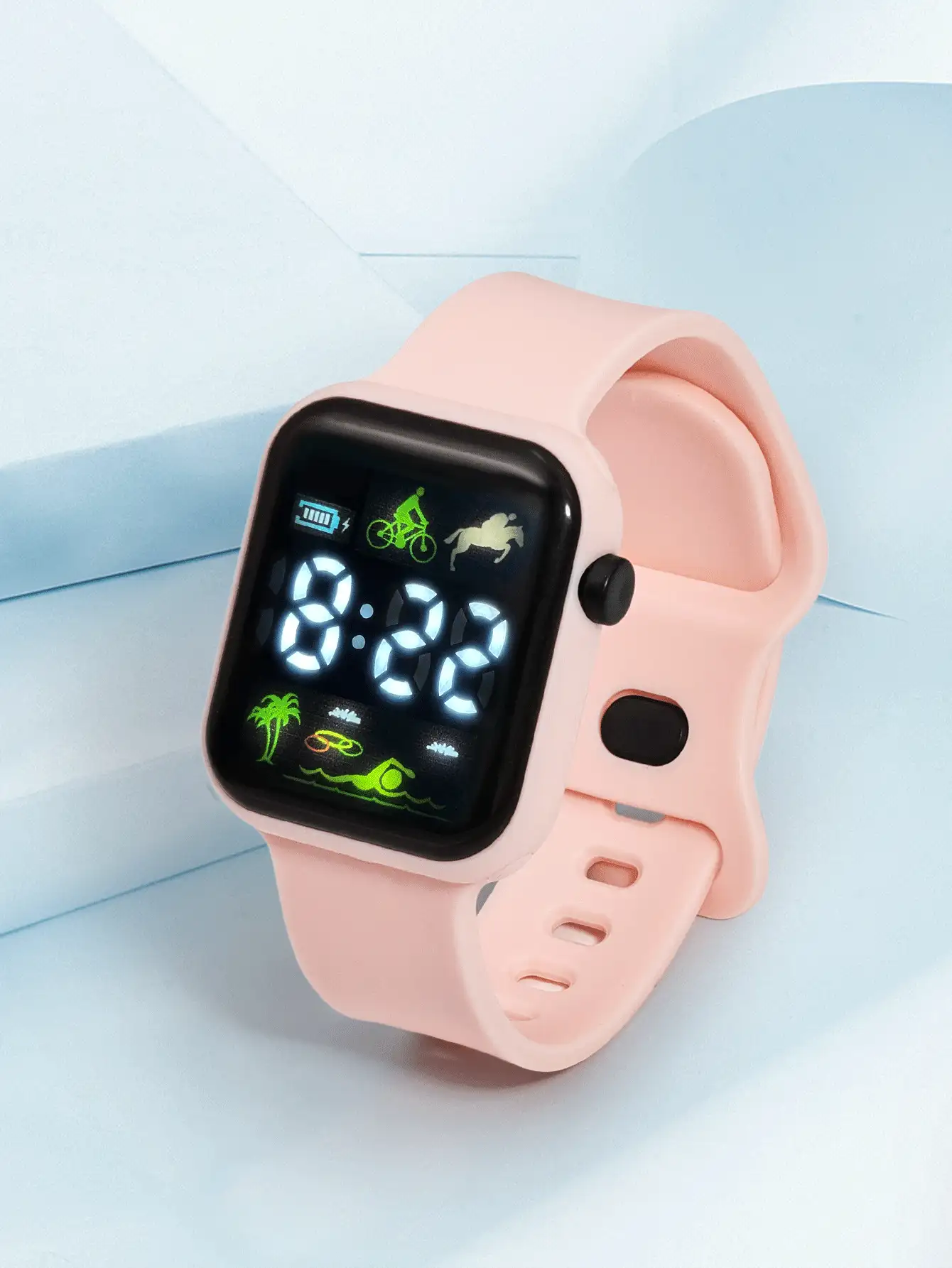 1 件儿童/青少年学生椰子树和骑行图案 LED 屏幕 TPU 休闲运动方形电子手表，适合日常生活 - 粉色 - 查看 2