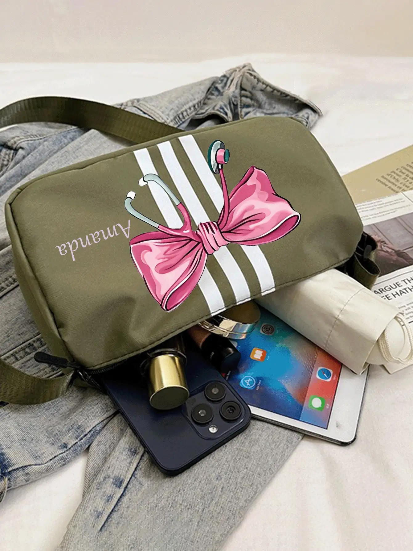 1pc Embroidery Custom New Personalized Shoulder Women's Striped Bag. Multi Color Selection, Black, White, Khaki, Green. Simple And Lightweight, Customizable With Bow Patterns To Match Your Custom Text. New Fashionable Shoulder Bag