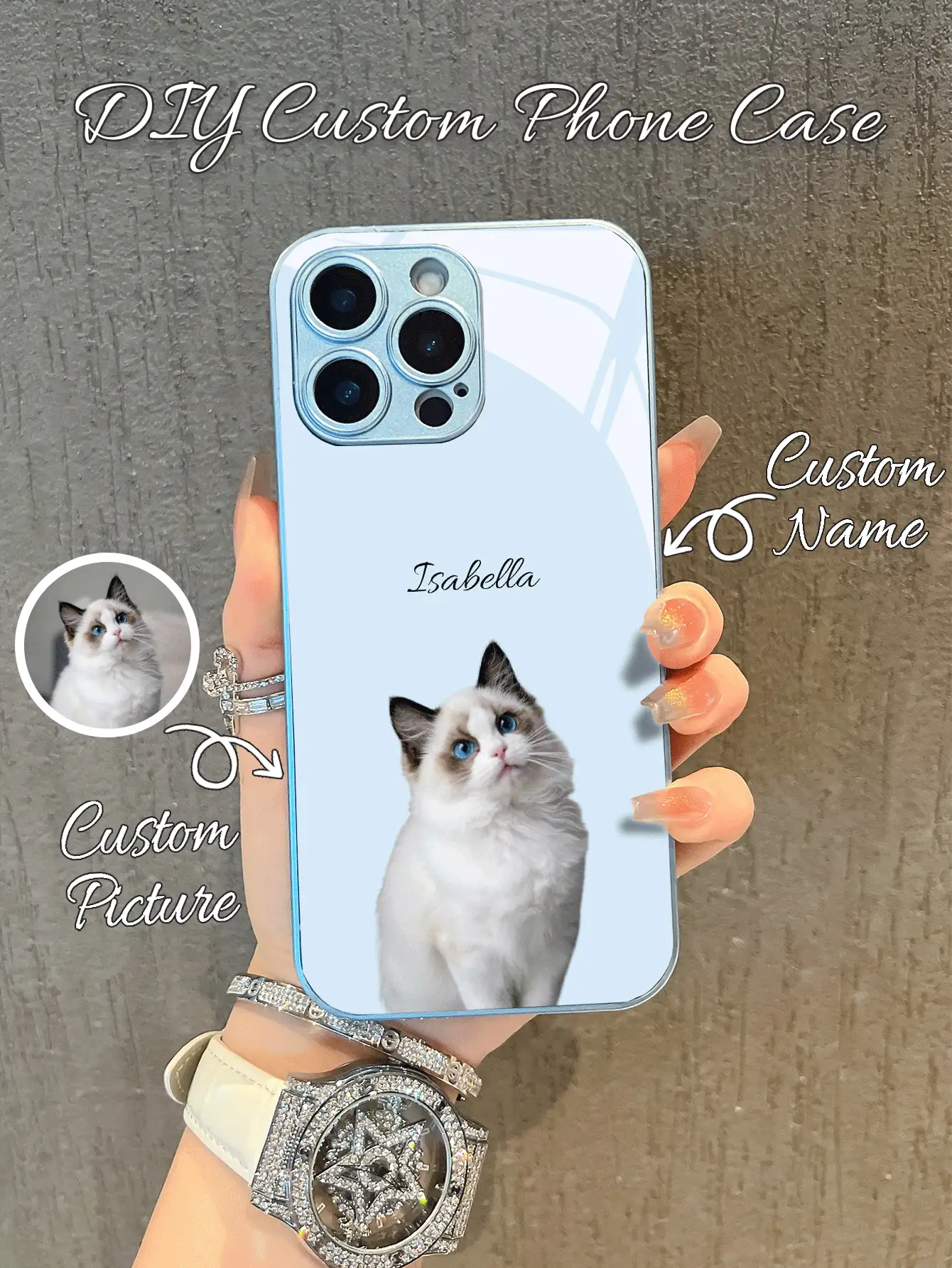 1 Stück individuell gestaltbares Katzen- und Hunde-Haustier-Charm-Design, kreativ, süß, modische Glas-Handyhülle, kompatibel mit Samsung S24 Ultra/S25 Ultra und 17 Pro Max/16 Pro/15/14 Plus/13 Pro/12 Pro Max/11/Xs Max/8/7/6 Plus, perfektes Geschenk für Freunde, Eltern, Freund, Freundin, niedlich, süßer Stil - Blau - Übersicht 2