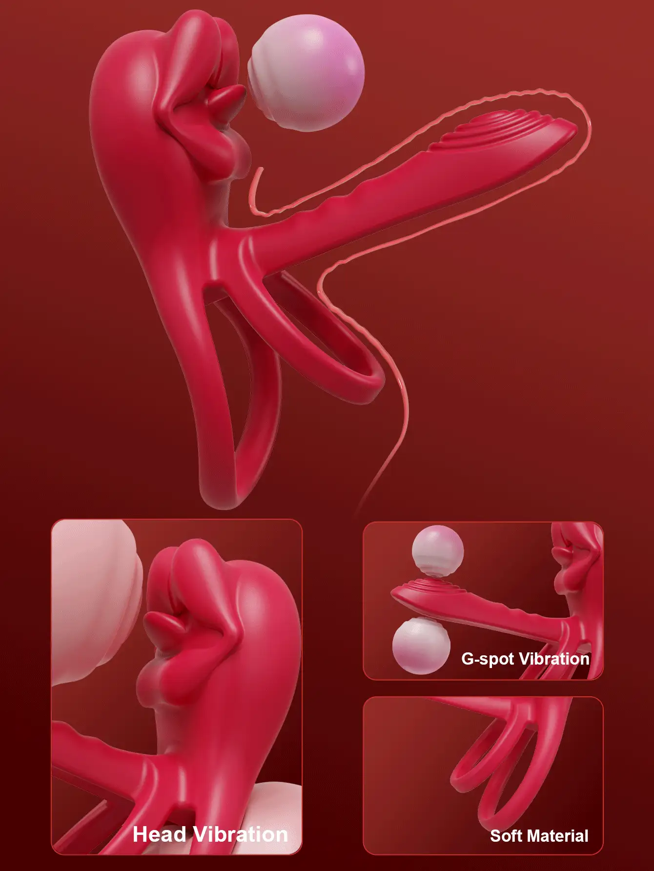 Anneau pénien vibrant avec stimulateur clitoridien en forme de rose, anneau pénien vibrant, jouet sexuel unisexe pour adultes, jouet sexuel pour couples avec vibrateur G-spot et clitoridien - Rouge - Voir 6