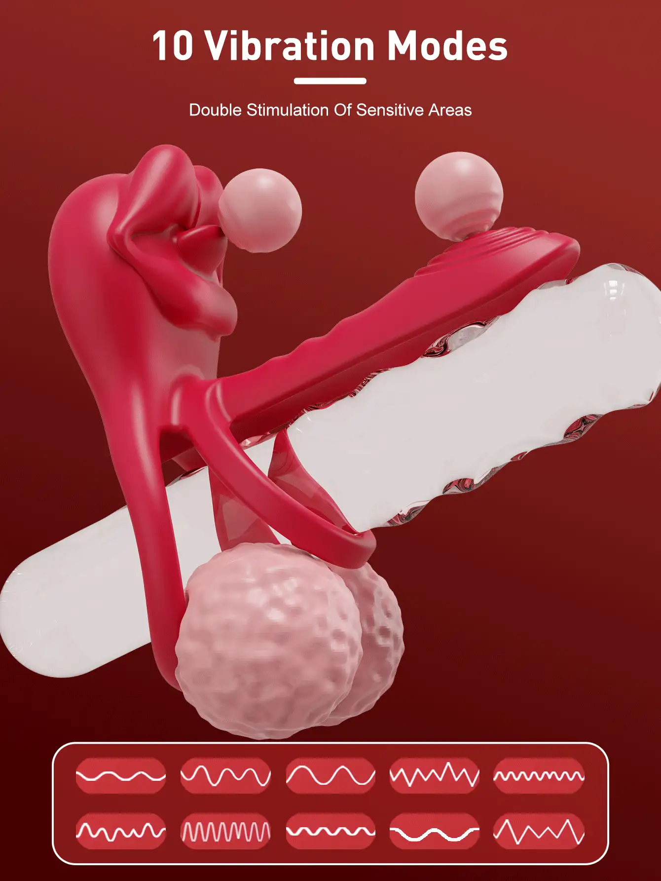 Anneau pénien vibrant avec stimulateur clitoridien en forme de rose, anneau pénien vibrant, jouet sexuel unisexe pour adultes, jouet sexuel pour couples avec vibrateur G-spot et clitoridien - Rouge - Voir 4