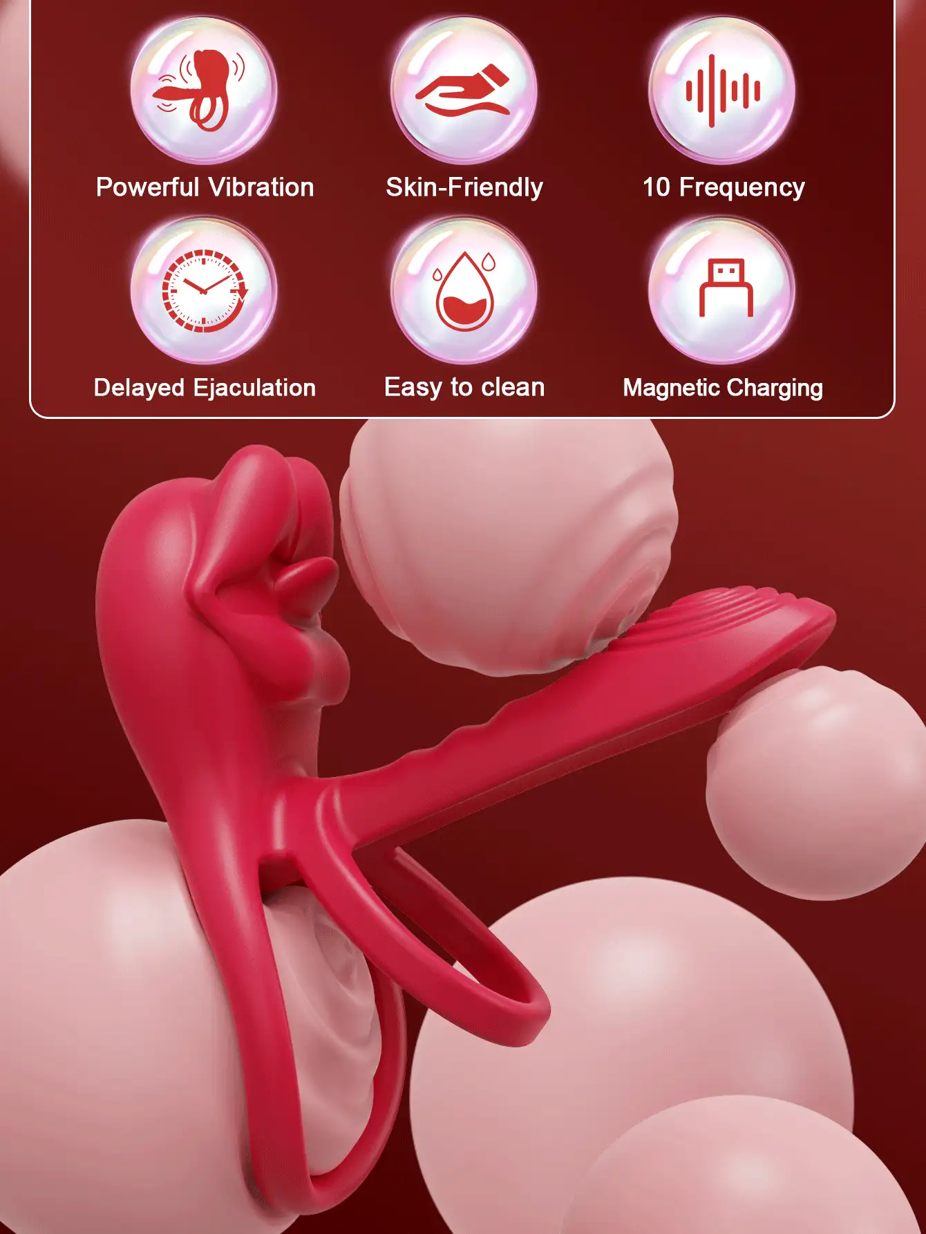 Anneau pénien vibrant avec stimulateur clitoridien en forme de rose, anneau pénien vibrant, jouet sexuel unisexe pour adultes, jouet sexuel pour couples avec vibrateur G-spot et clitoridien - Rouge - Voir 5