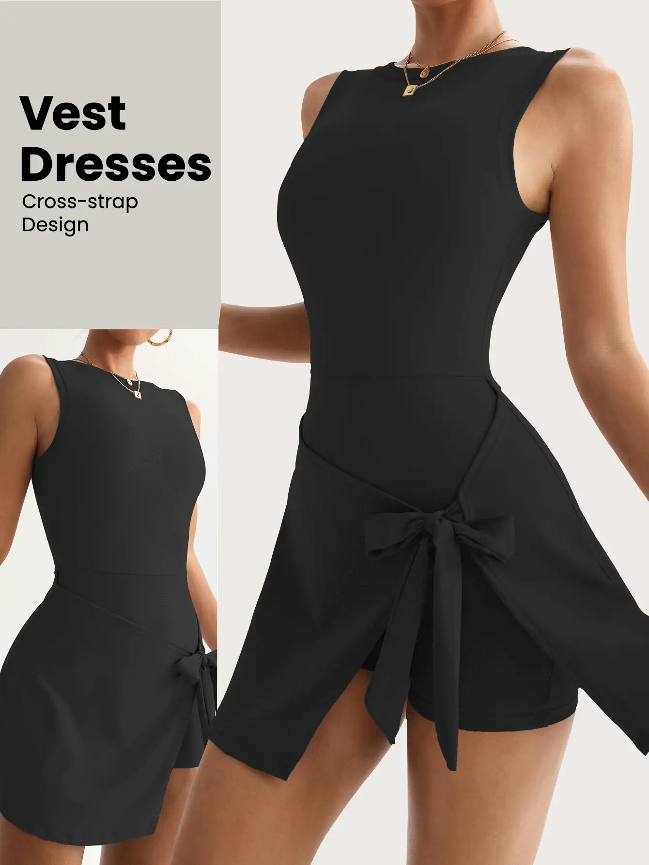 FWH 清凉夏日风格，修身显瘦，贴身廓形，拉长腿部线条，提升曲线美，自信覆盖，巧妙的背部镂空设计，内置防滑衬里，适合办公室和健身房穿着，优雅的无袖运动连衣裙，背部细节设计，夏日微风复古瑜伽两件套女装 - 彩色 - 查看 2