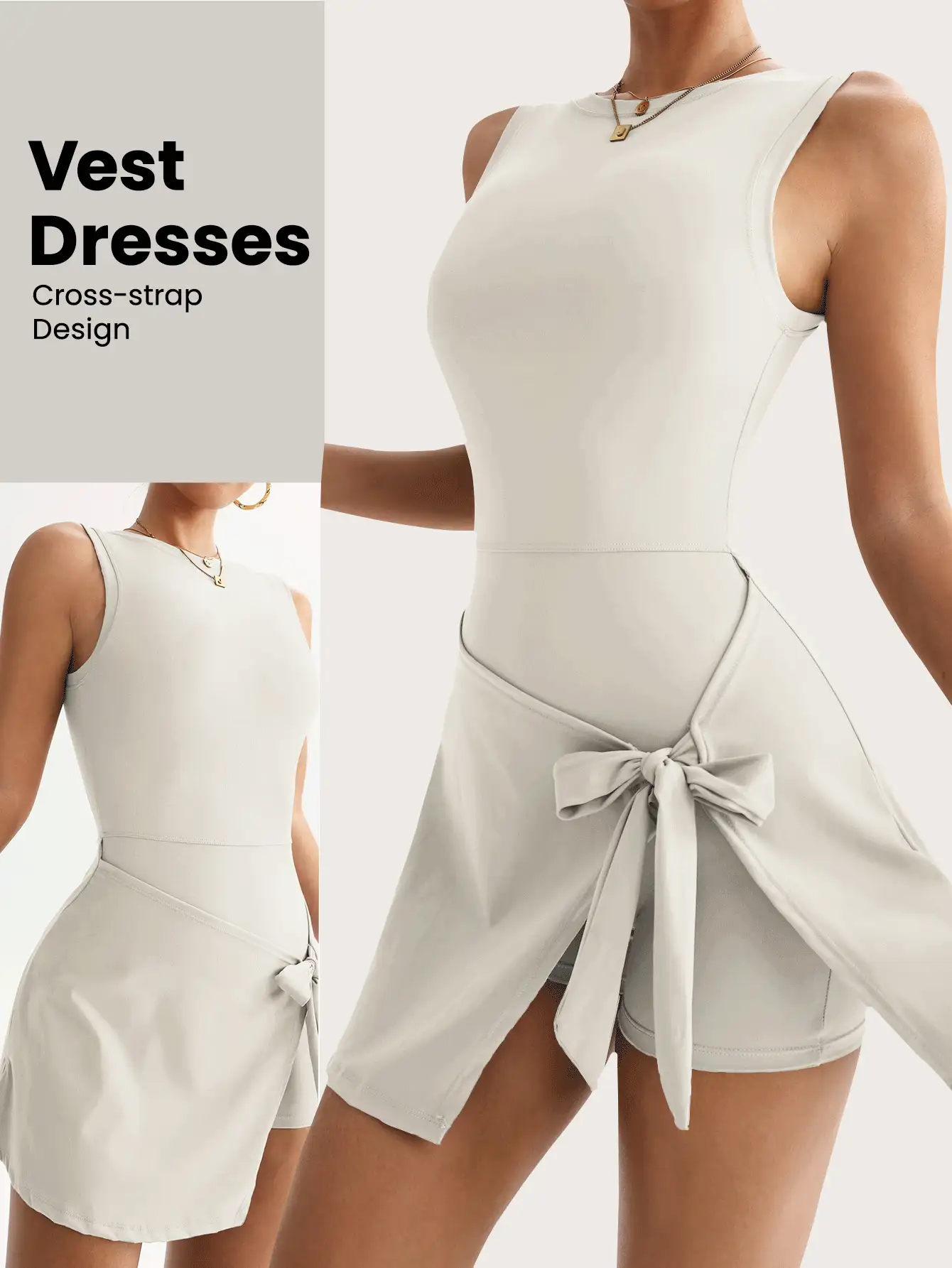 FWH 清凉夏日风格，修身显瘦，贴身廓形，拉长腿部线条，提升曲线美，自信覆盖，巧妙的背部镂空设计，内置防滑衬里，适合办公室和健身房穿着，优雅的无袖运动连衣裙，背部细节设计，夏日微风复古瑜伽两件套女装 - 彩色 - 查看 2