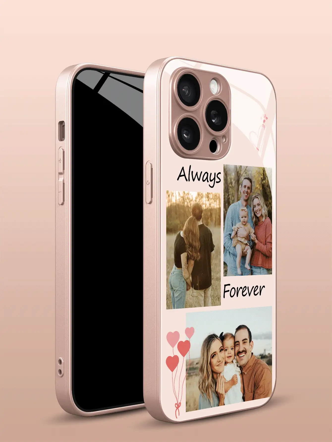 1pc Customized DIY Creative Phone Case, Personalize With 3 Photos And 2 Names, Unique High-Definition Glass Phone Case Compatible With Samsung S24 Ultra/S25 Ultra And 17 Pro Max/16 Pro Max/15 Pro/14 Plus/13 Pro/12 Pro Max/11/Xs Max/8/7/6 Plus, Fashionable, Sweet, Wedding, Family Portrait, Best Gift For Friends, Father, Mother, Boyfriend, Girlfriend,International Version, Not The Domestic Version - Pink - View 2