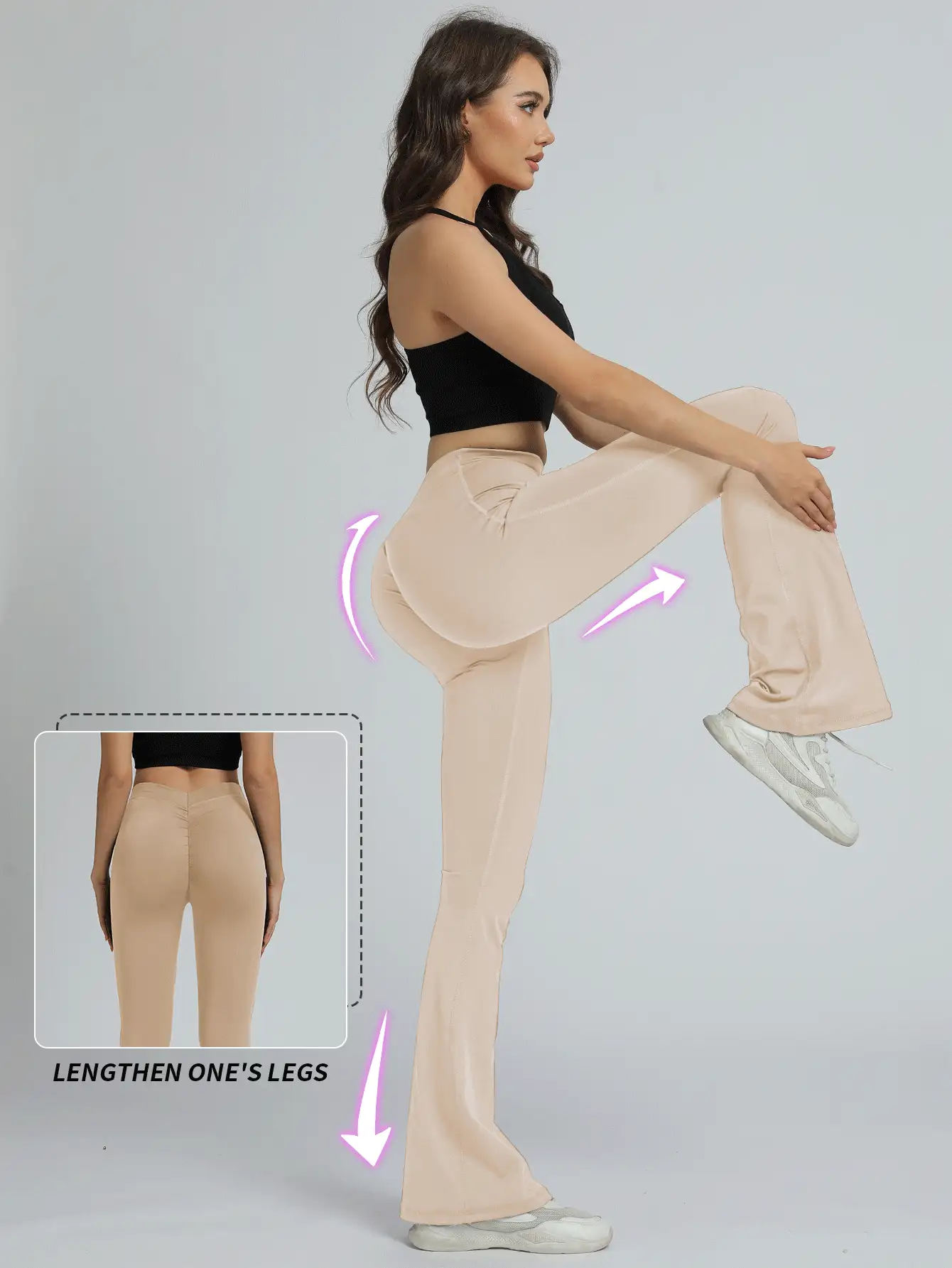 Speed mate 女士运动紧身喇叭瑜伽舞蹈裤，抓绒，冬季款 - 卡其色 - 查看 3