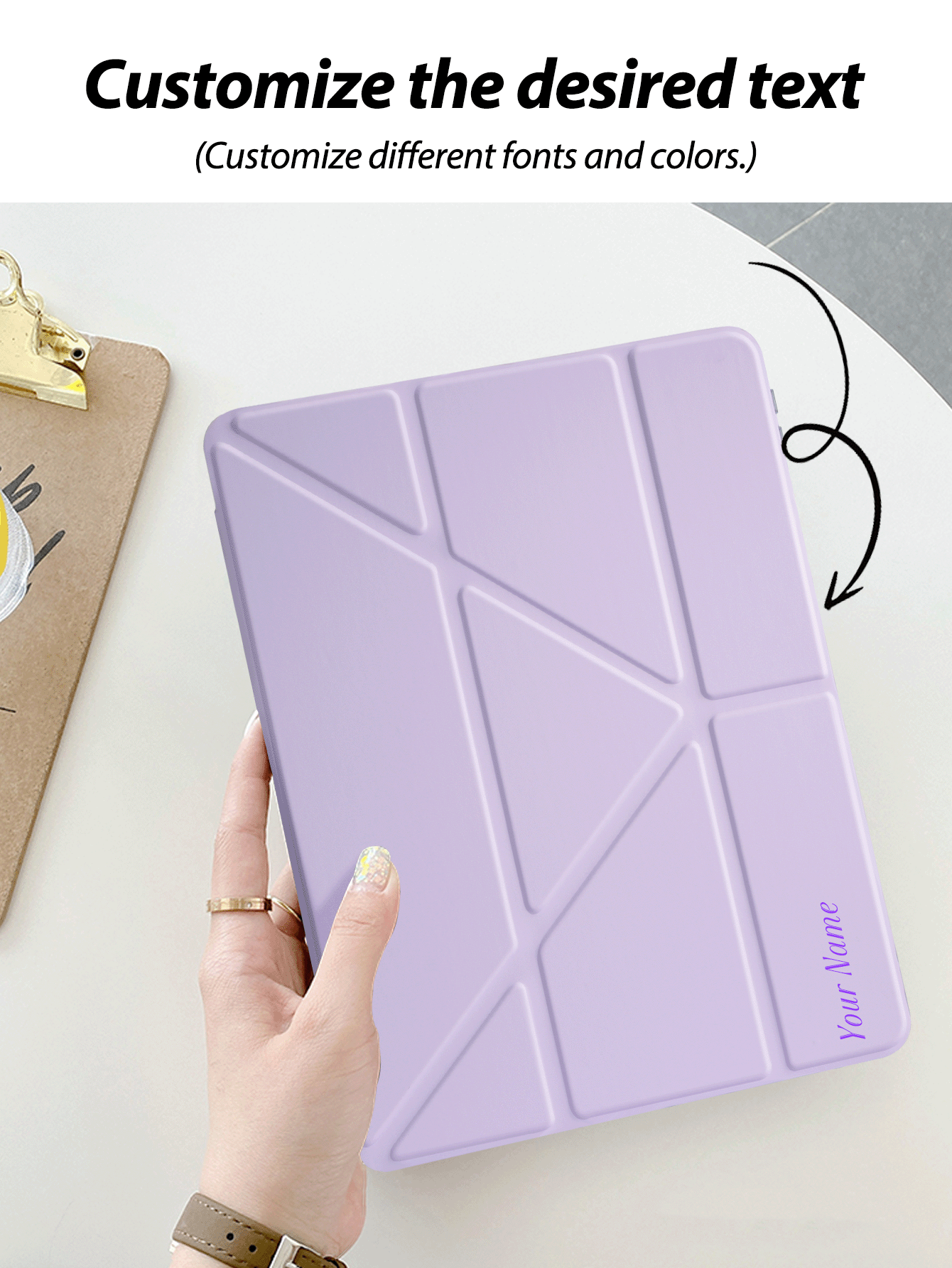 1pc Transparent Acrylic Y-Fold Flat Tablet Stand Cover, Customizable Text, Multi-Angle Stand, Built-In Pencil Slot, High Transparancy Anti-Scratch Acrylic Back Cover, Magnetic Auto Sleep/Wake, Suitable Compatible With IPad Mini6/7/9.7/10.2/10.5/Air4/Air5/10th/10.9/Pro11/Air11(M2) 2024/Pro11(M4) 2024/Air 11-Inch (M3) 2025/IPad (A16) 11 Inch 11th Gen 2025. Product Does Not Include Stylus Pen. Some Models Come With Lens Frame. - Violet - View 3