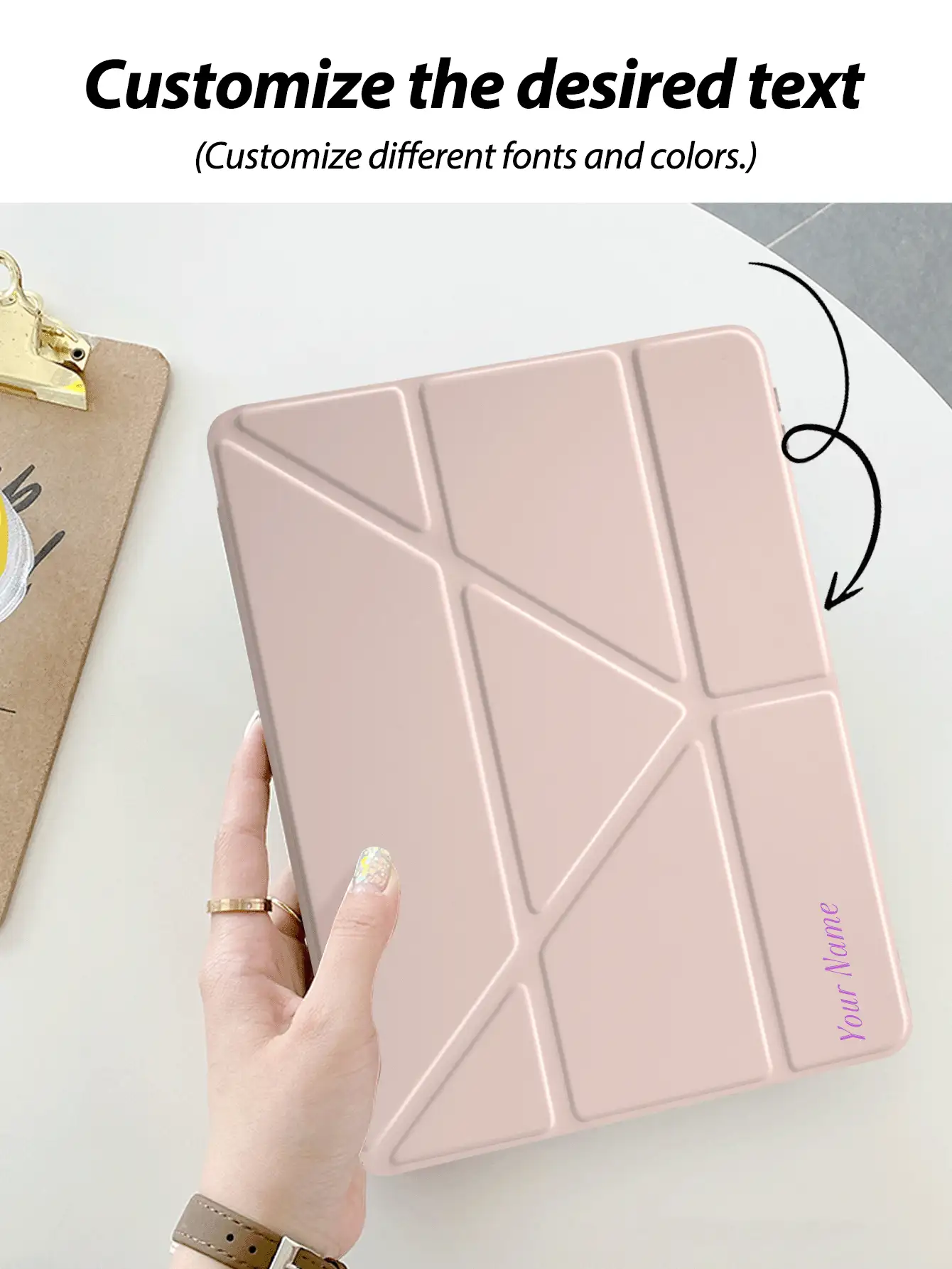 1个透明亚克力Y型折叠平板保护套,粉色,可定制文字,适用于iPad Mini 6/Mini 7/9.7/10.2/10.5/Air 4/Air 5/第十代/10.9/Pro 11英寸/Air 11 (M2) 2024/Pro 11 (M4) 2024/iPad Air 11英寸 (M3) 2025/iPad (A16) 11英寸第十一代 2025款。产品不包含触控笔。部分型号配有镜头框、多折叠多角度支架、内置触控笔插槽、高透明防刮防弯折亚克力后盖、磁吸式自动休眠/唤醒、智能省电,简约/休闲/个性化设计。 - 粉色 - 查看 3