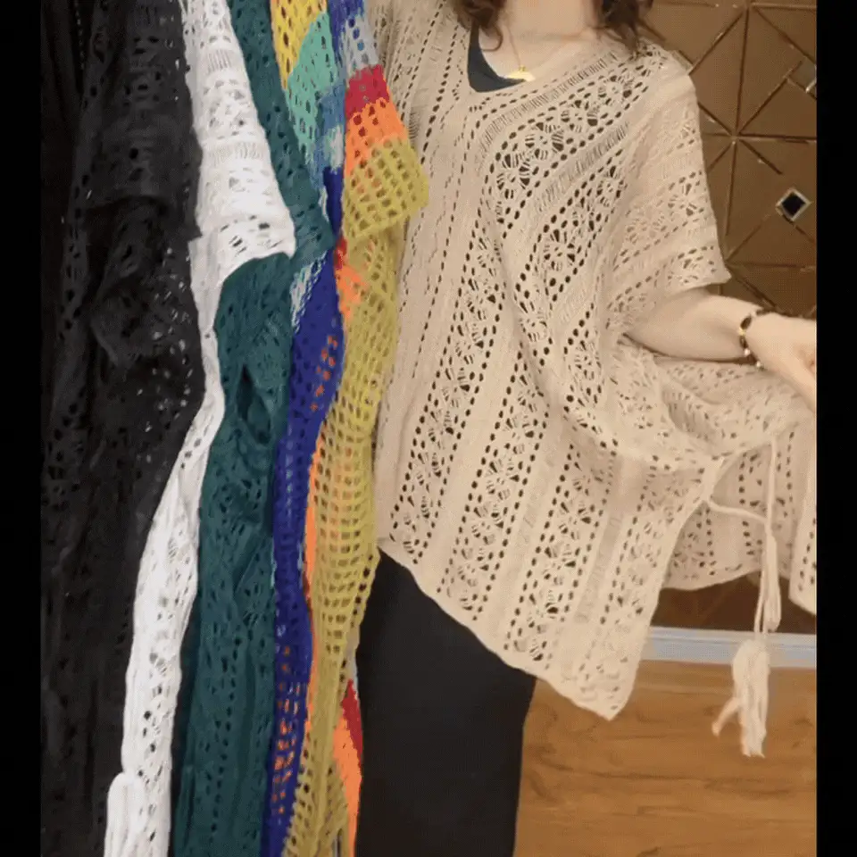 1pc Women Loose Knitted Cover Up Shawl, Thin Lightweight Hollow Out V-Neck Kimono Summer Cover Up For Dress - Khaki - View 2