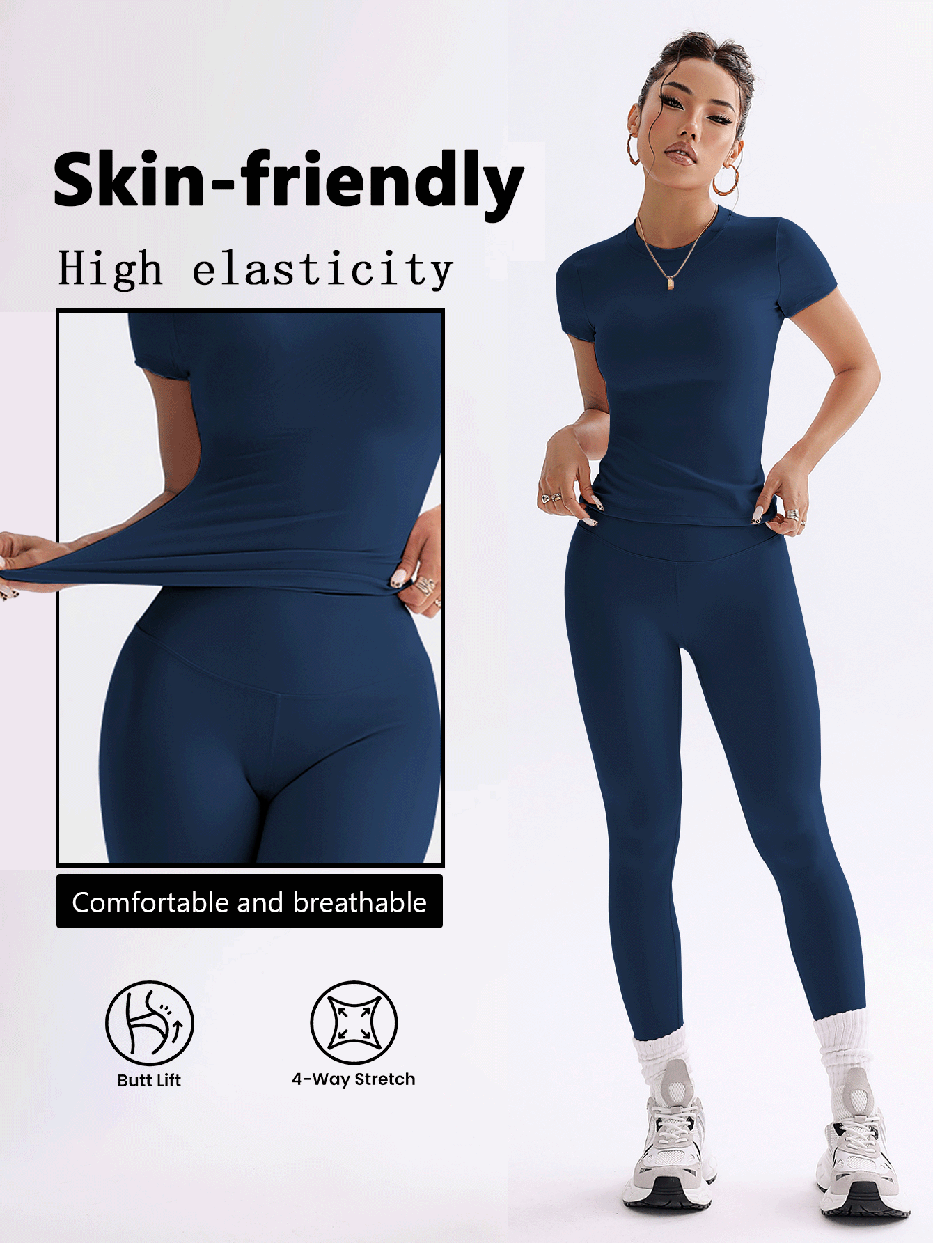 FWH 1. Cute Solid Color Crop Top, Stretchy Fitted Round Neck Sweet Fashionable Versatile Jacket, Elegant High Waist Slim Casual Tummy Control Daily Basic Dancewear Leg Lengthening Butt Lifting Street Running Yoga 2-Piece Set - Navy Blue - View 3