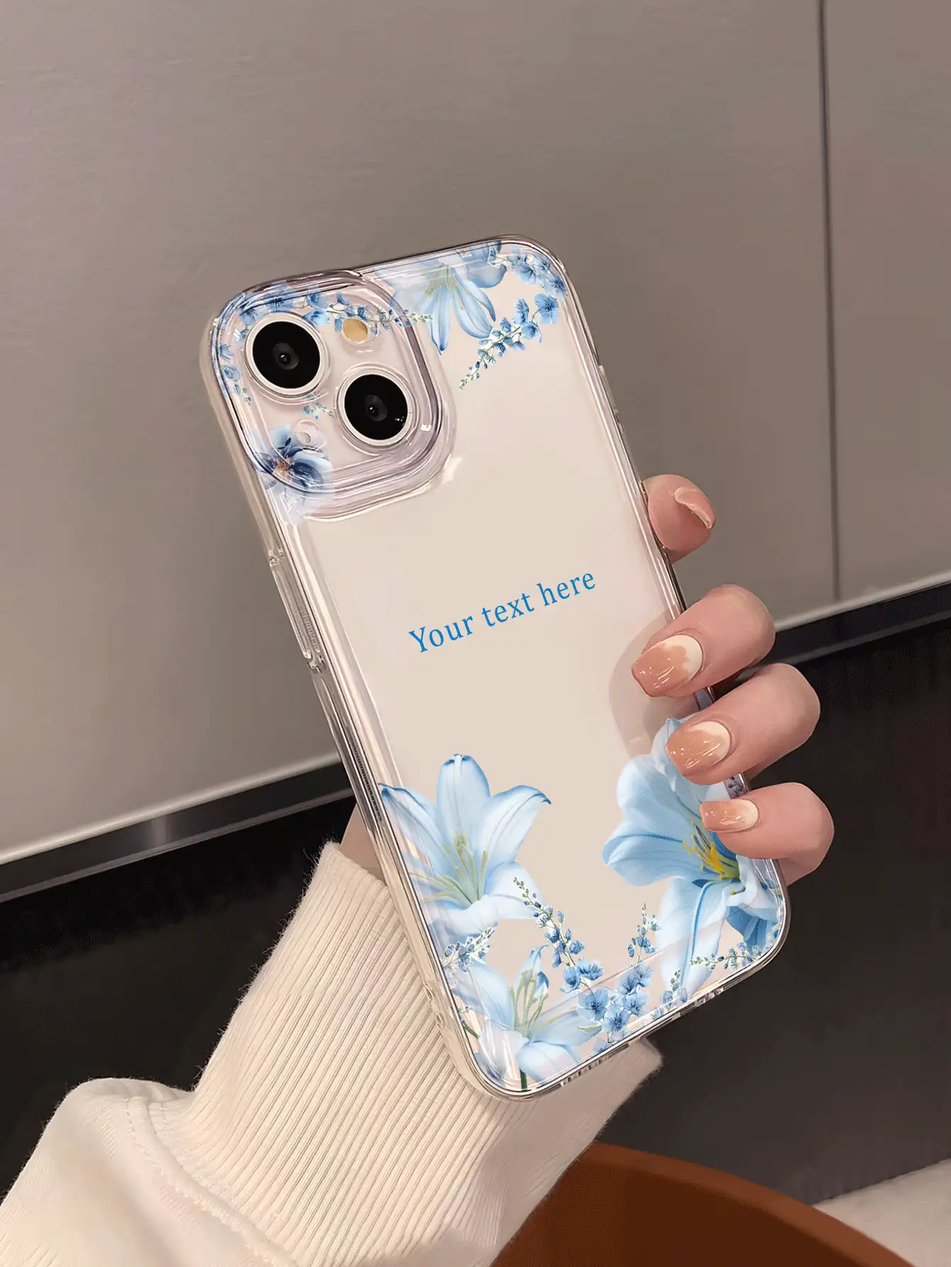 1pc Custom Text Mobile Phone Case, Fashionable Blue Lily Flower Pattern Soft Transparent TPU Full Coverage Anti-Slip Case For IPhone 16 Pro Max/15 Pro/14 Plus/13 Pro/12 Pro Max/11/XS Max/8/7 Phone Accessories
